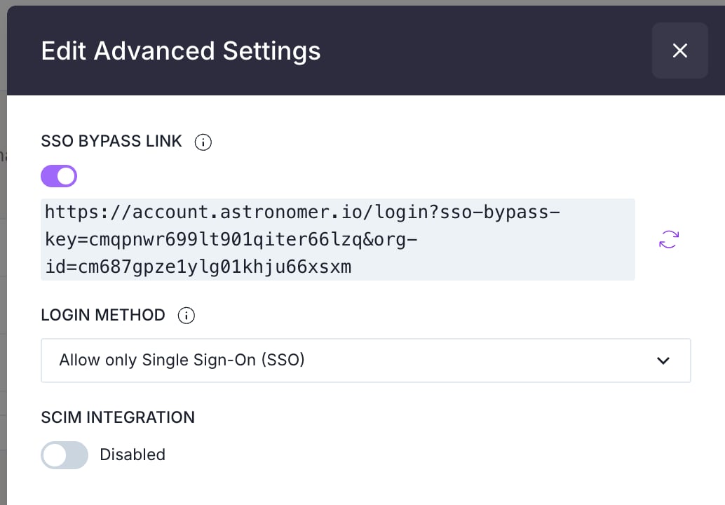 Edit Advanced Settings dialog with Allow only Single Sign-On (SSO) selected