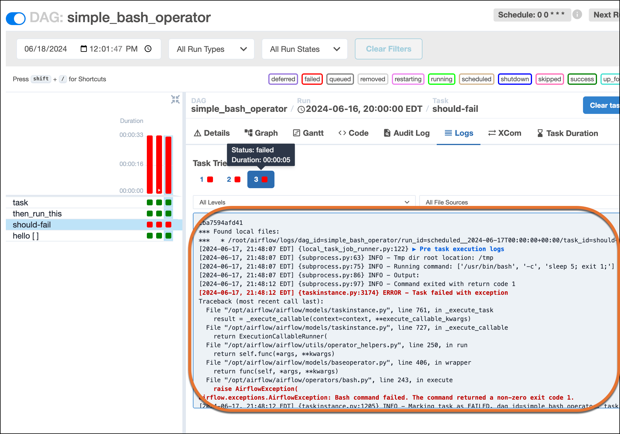 Screenshot of logs tab with task instance try history buttons.