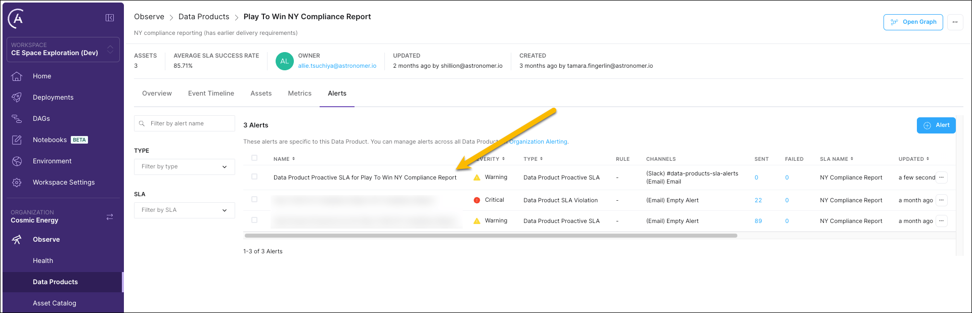 Astro Observe Alerts list screenshot