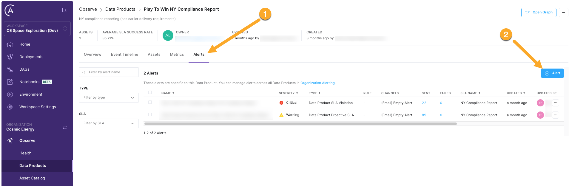 Astro Observe Alerts tab screenshot