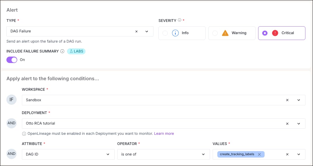 Astro alert form set to the DAG Failure type with Critical severity, scoped to the Sandbox workspace, Otto RCA tutorial Deployment, and the create_tracking_labels Dag ID.