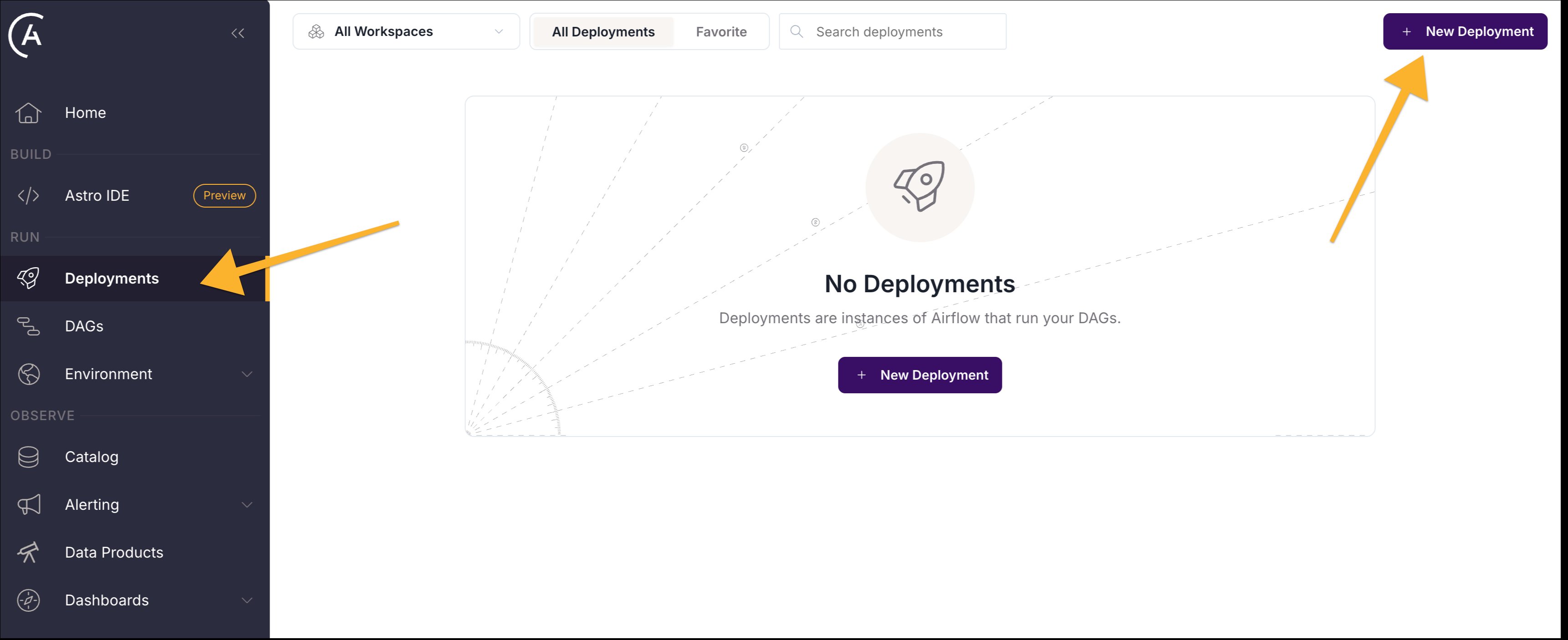 Create a new Deployment in the Astro UI.