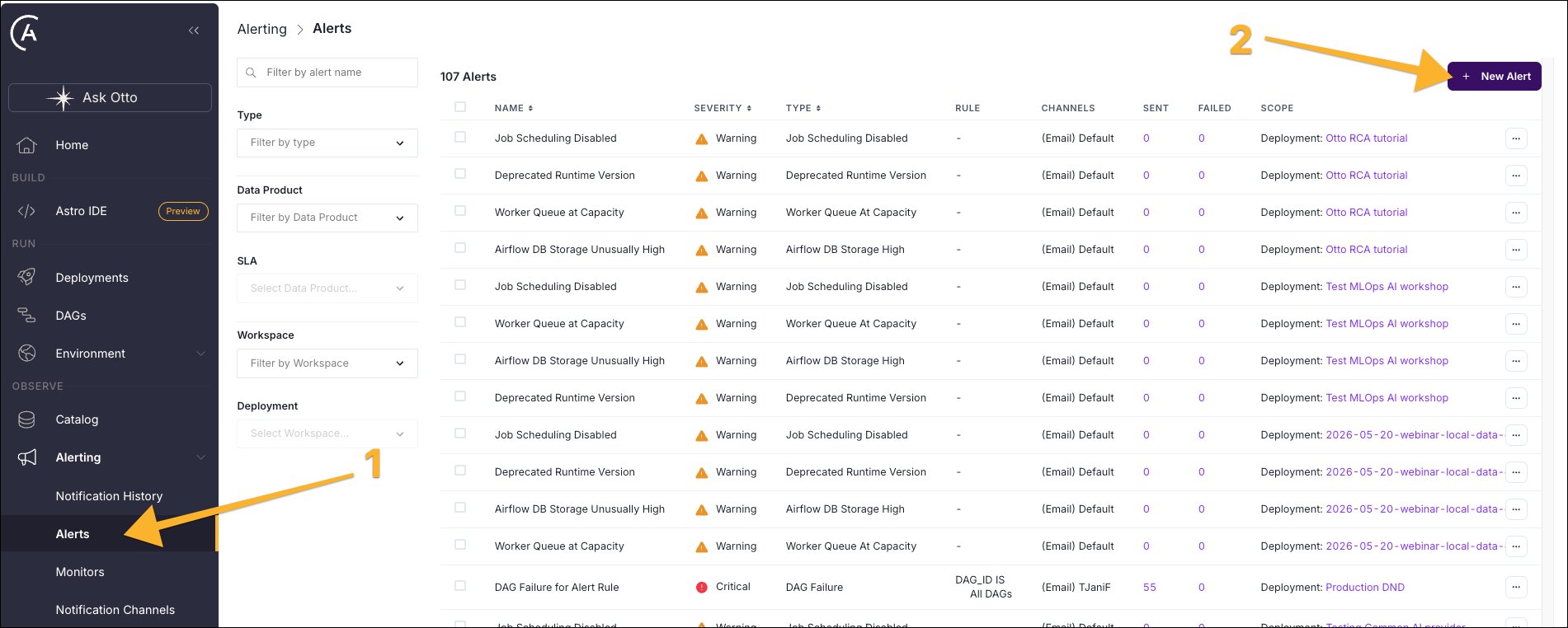 Alerts page in the Astro UI showing the navigation to Alerting > Alerts and the New Alert button.