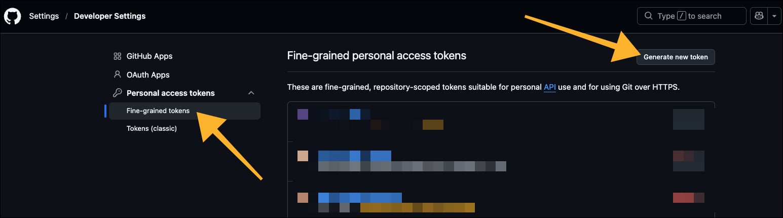 GitHub Developer Settings showing the Personal access tokens > Fine-grained tokens page and the Generate new token button.