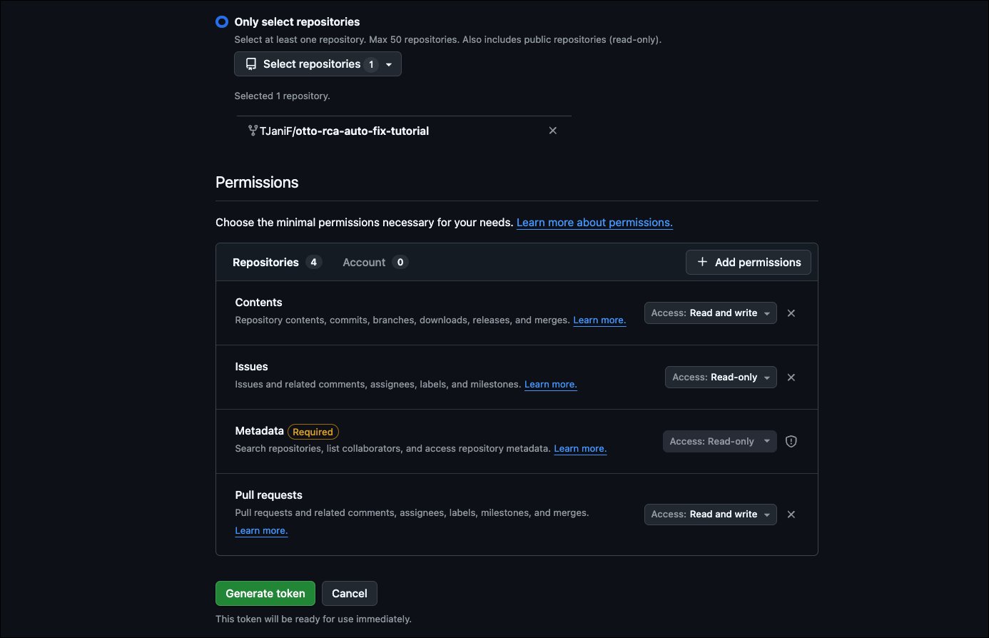 New fine-grained personal access token scoped to the forked tutorial repository, with Contents (Read and write), Issues (Read-only), Metadata (Read-only), and Pull requests (Read and write) permissions.