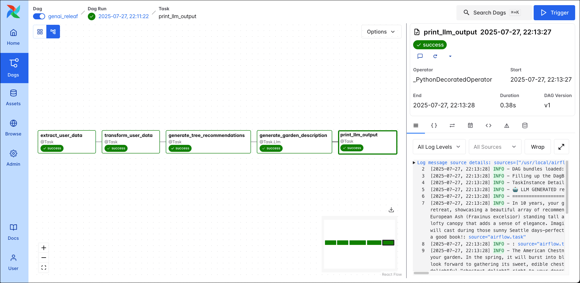 Screenshot of the Airflow UI showing the GenAI DAG contained in this Quickstart