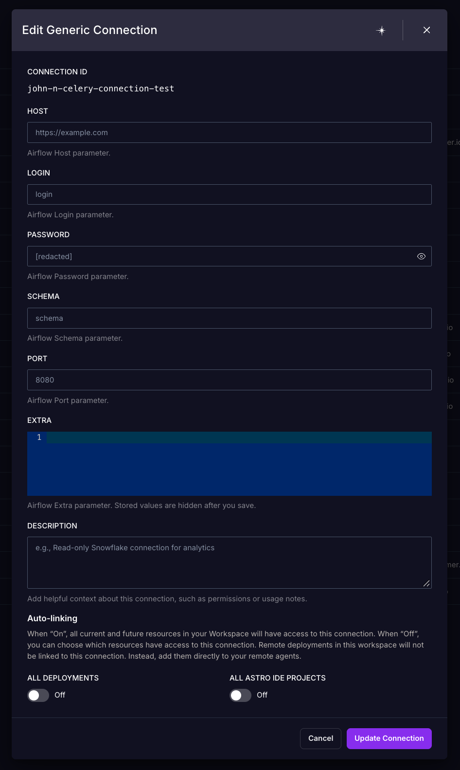 The Edit Generic Connection dialog showing the connection fields