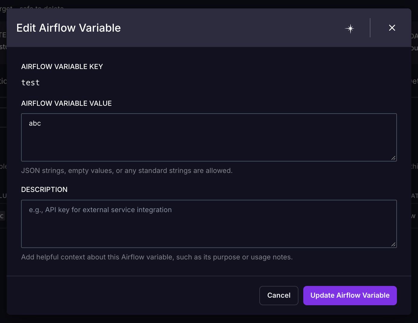 The Edit Airflow Variable dialog showing the Airflow Variable Value field