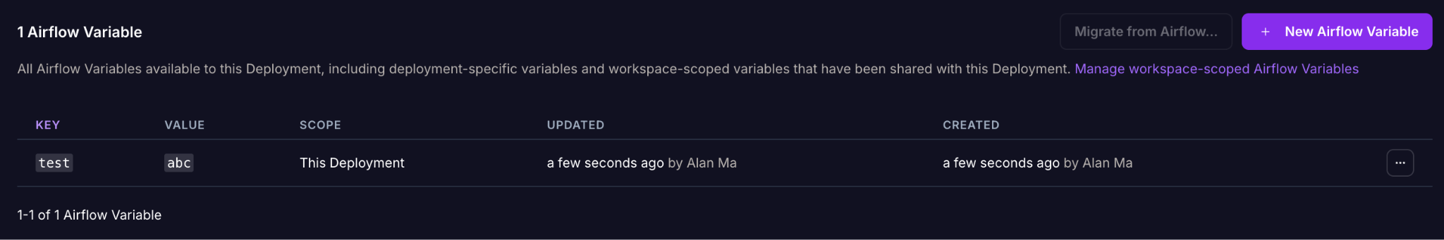 The Airflow Variables sub-tab of a Deployment listing each variable with a More actions menu