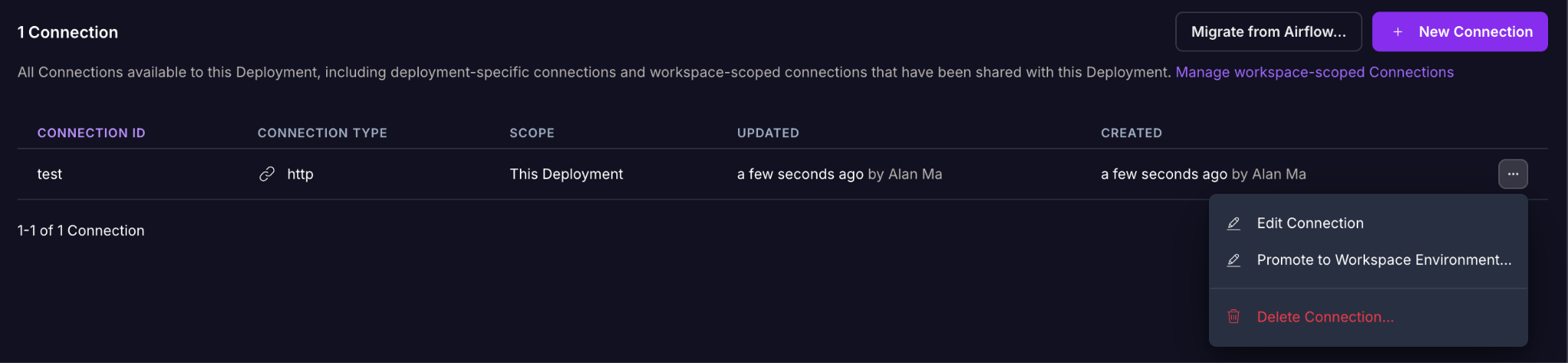 The More actions menu for a Deployment connection with the Edit Connection option