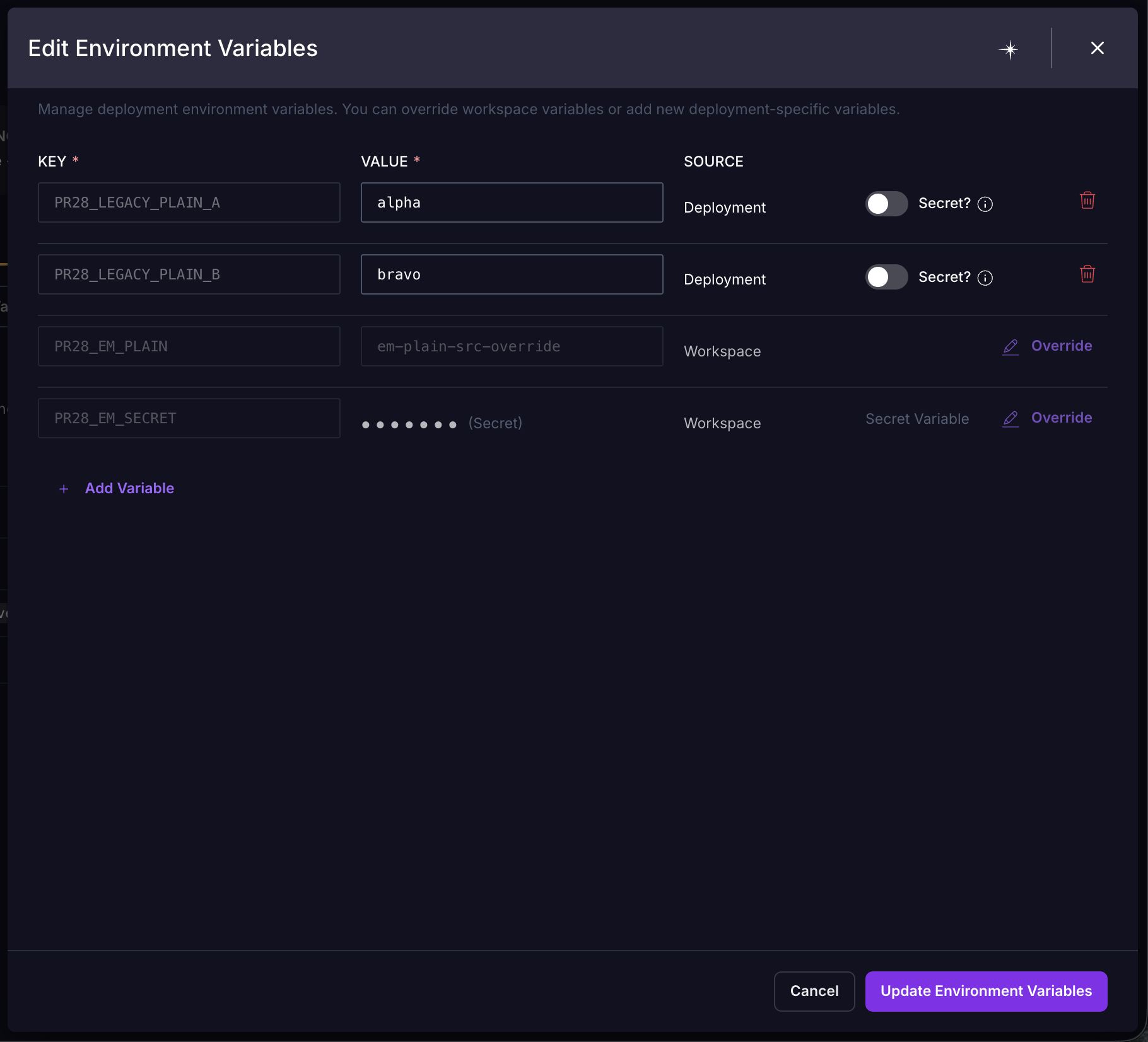 The Edit Environment Variables dialog listing each key, value, and source