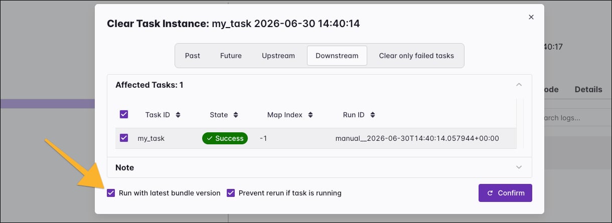 Clear Task Instance form in the Airflow UI showing the Run with latest bundle version checkbox.