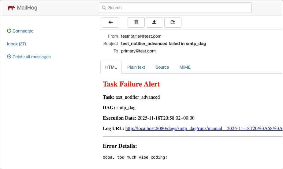 Example email notification using the SmtpNotifier