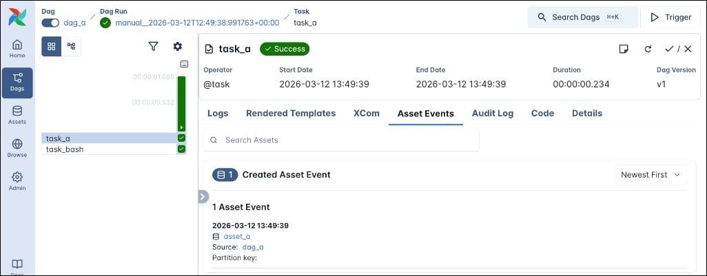 Screenshot of the Asset Events tab of the task instance details page showing the asset events that the task instance produced.
