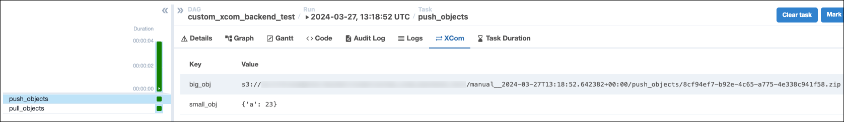 XCom tab of the push_objects task showing two key-value pairs showing the "big_obj" being serialized to the custom XCom backend and the "small_obj": a dictionary containing 'a': 23, which was stored in the metadata database.