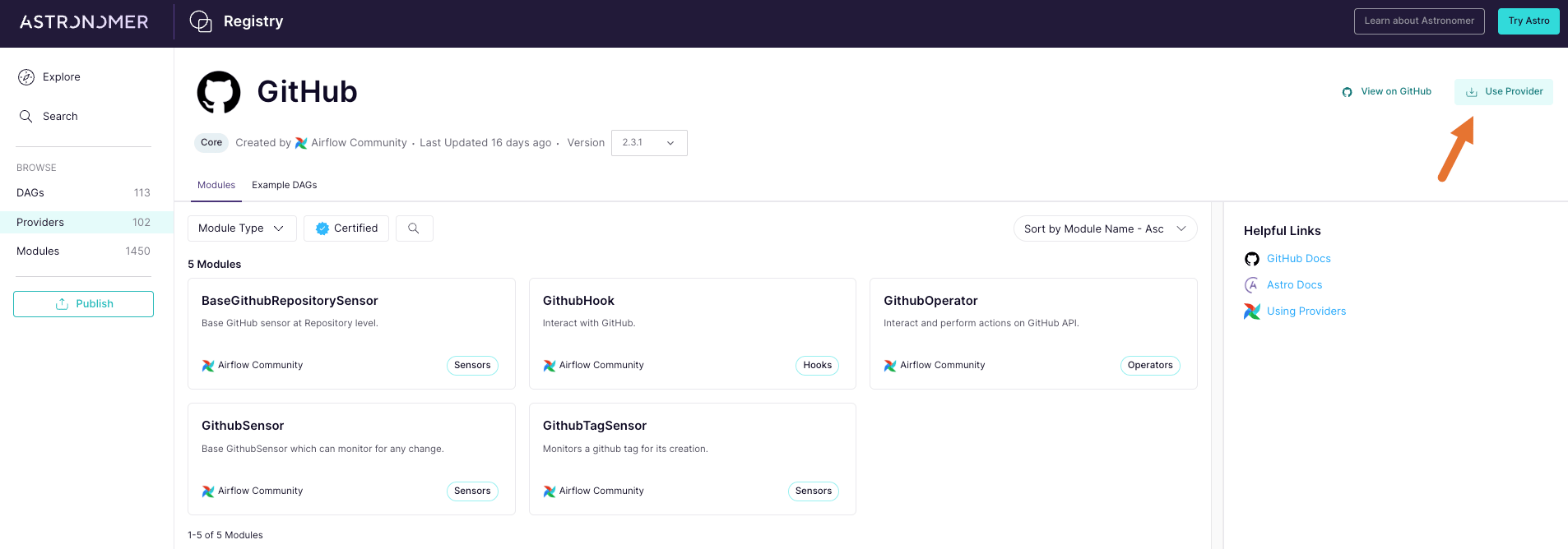 Screenshot of the Astronomer Registry showing the GitHub provider page with the Use Provider button highlighted.