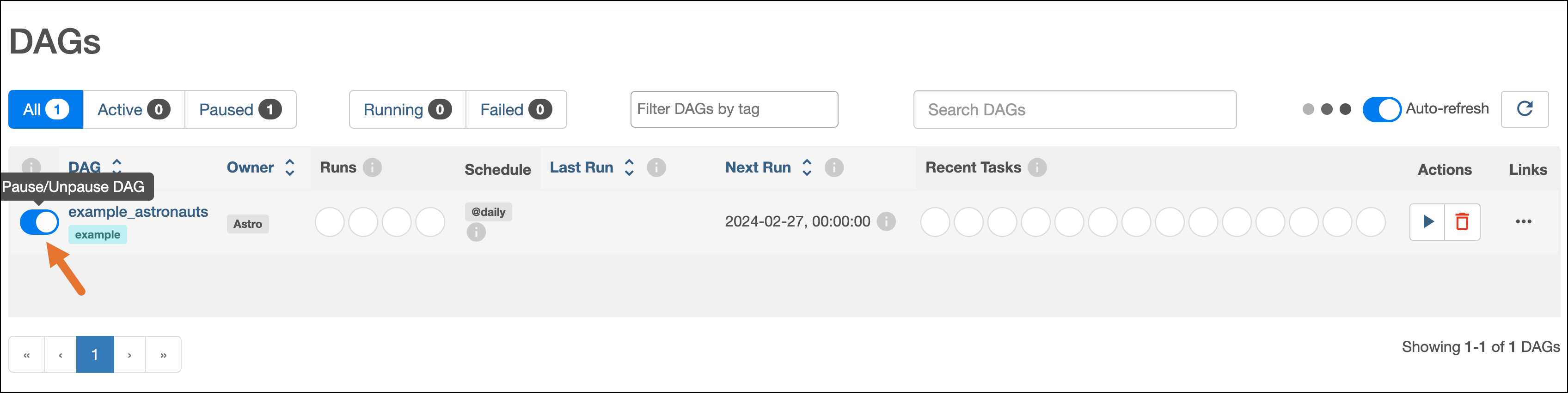 Screenshot of the DAGs view of the Airflow UI with an arrow pointing to the toggle on the right side of the DAG name you can click to unpause the DAG.