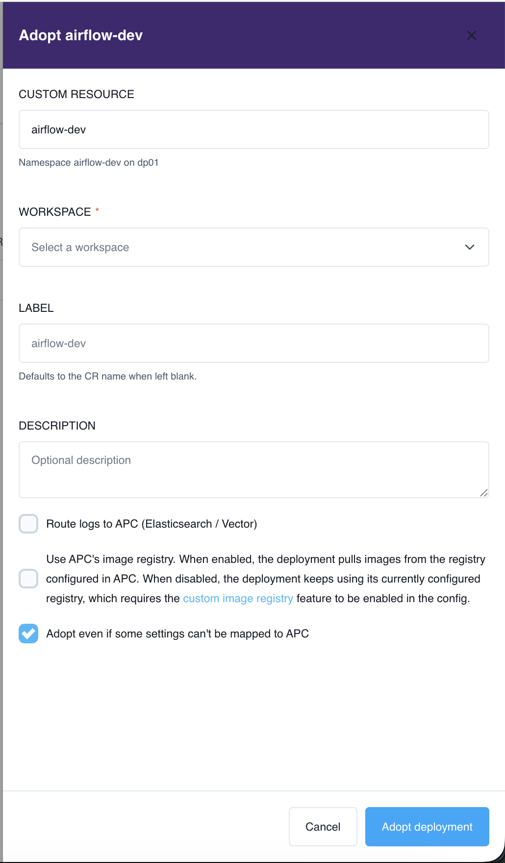 The adoption drawer for a candidate, showing the custom resource, Workspace picker, label, description, and the three adoption options.