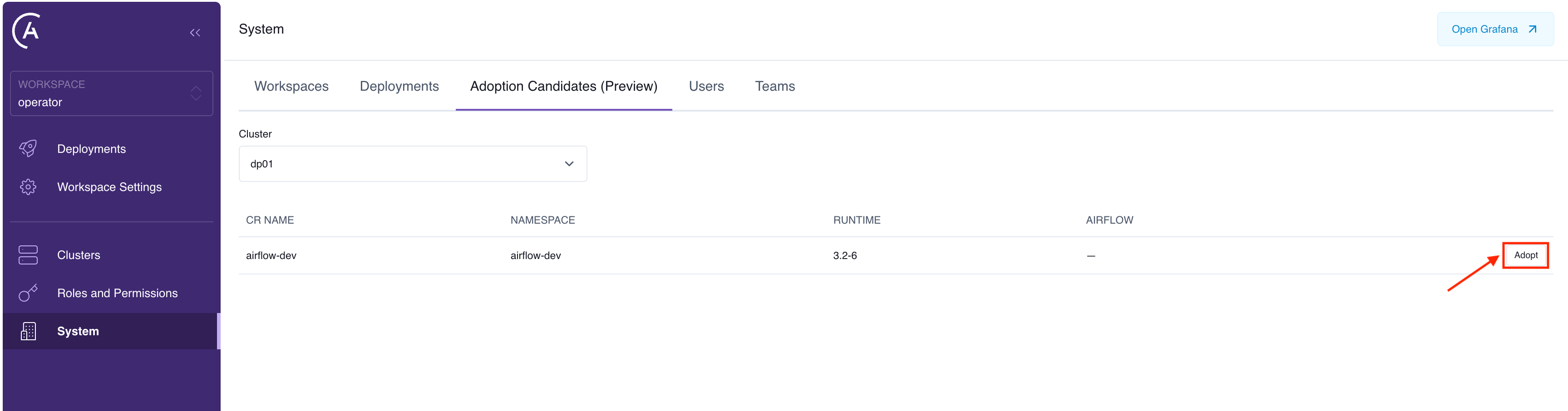 The Adoption Candidates page with a cluster selected, listing one candidate with an Adopt button.
