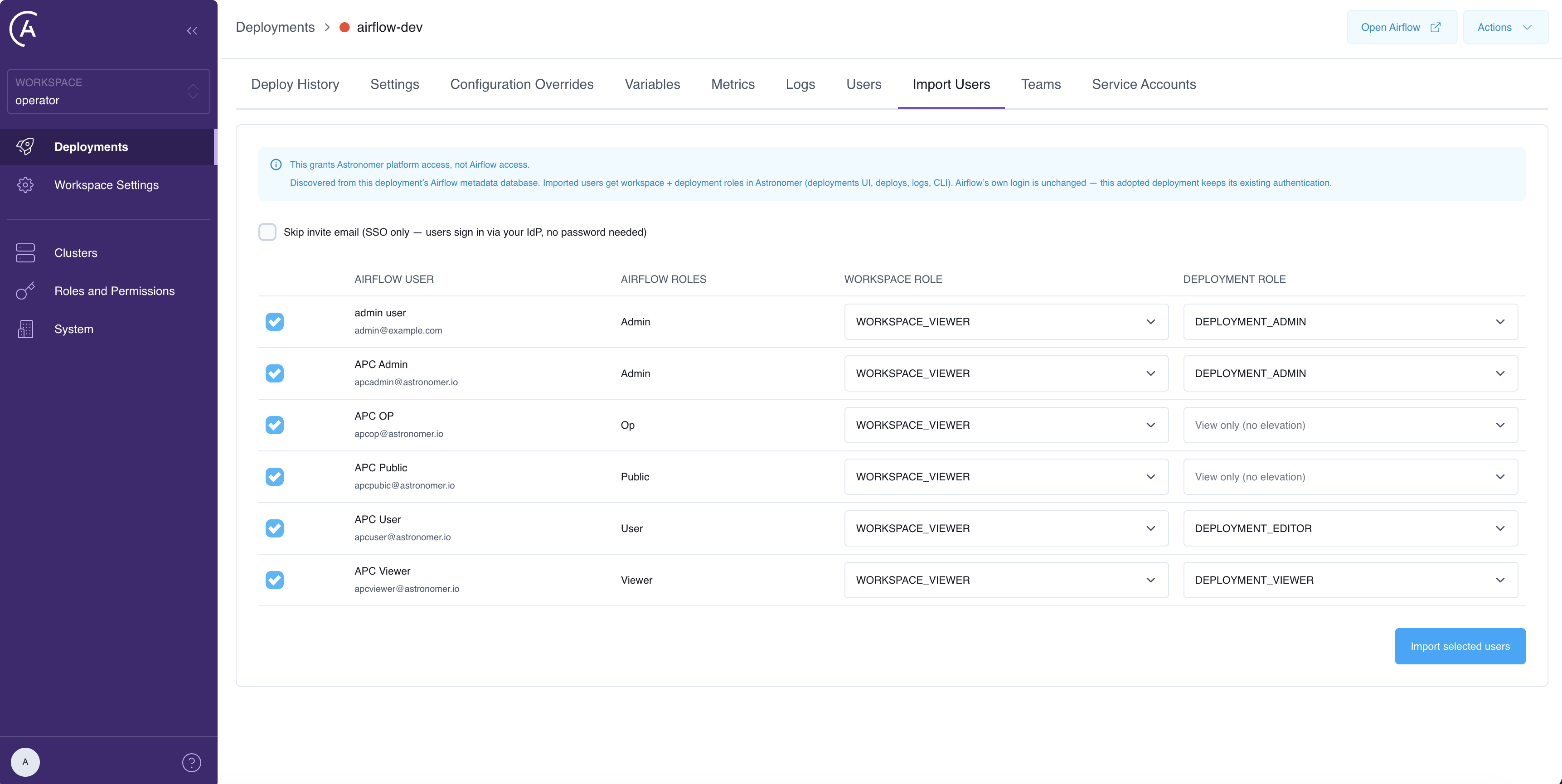The Import Users tab on an adopted Deployment, listing discovered Airflow users with their Airflow roles and a suggested Workspace and Deployment role for each.