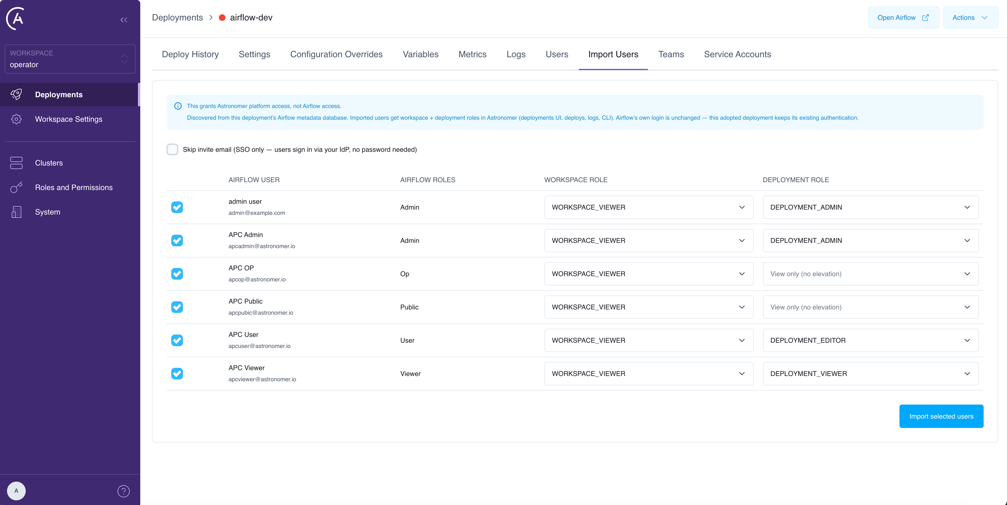 The Import Users tab on an adopted Deployment, listing discovered Airflow users with their Airflow roles and a suggested Workspace and Deployment role for each.