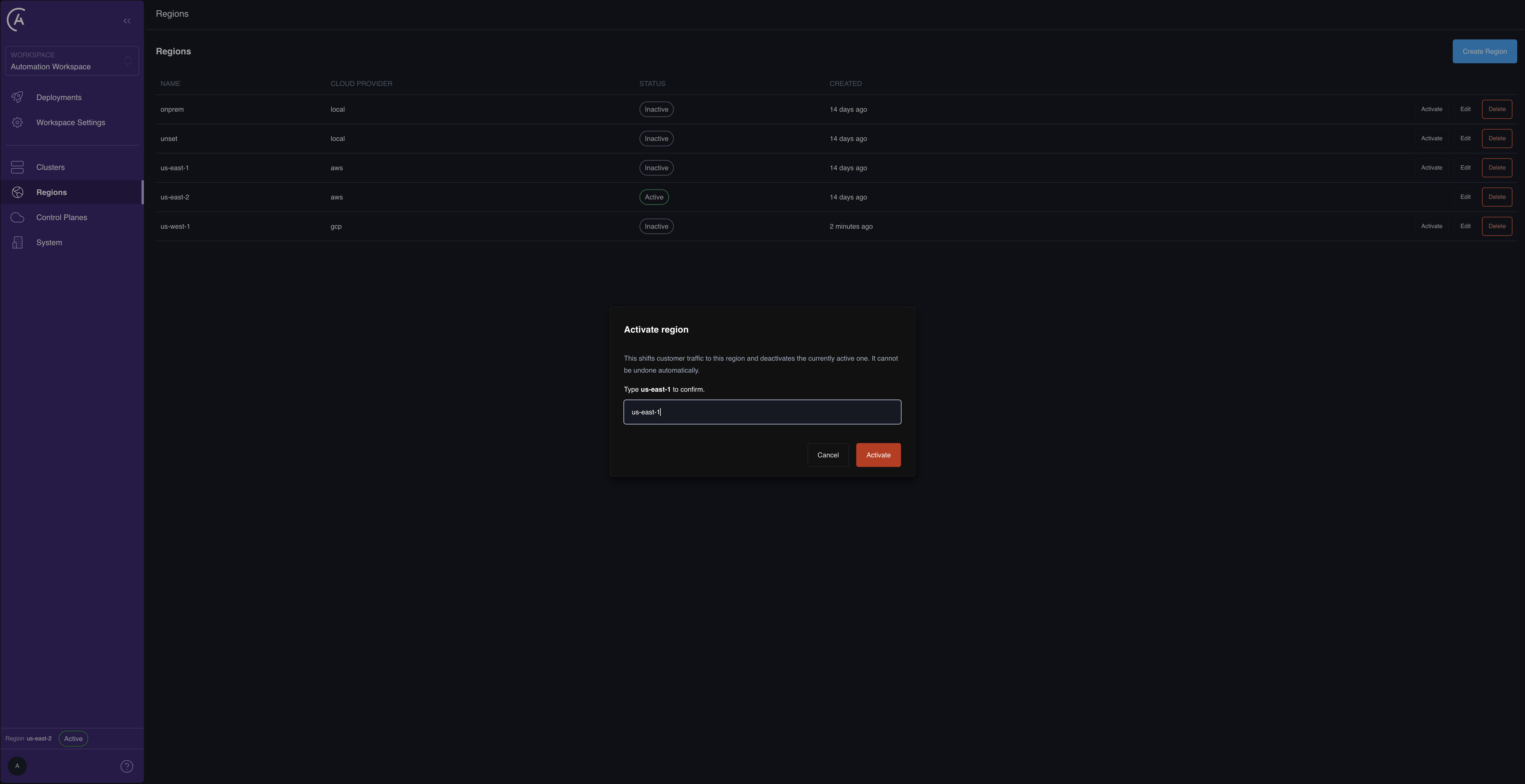 Activate region dialog in the APC UI, warning that activation shifts customer traffic and deactivates the currently active region, with a field to type the region name to confirm.