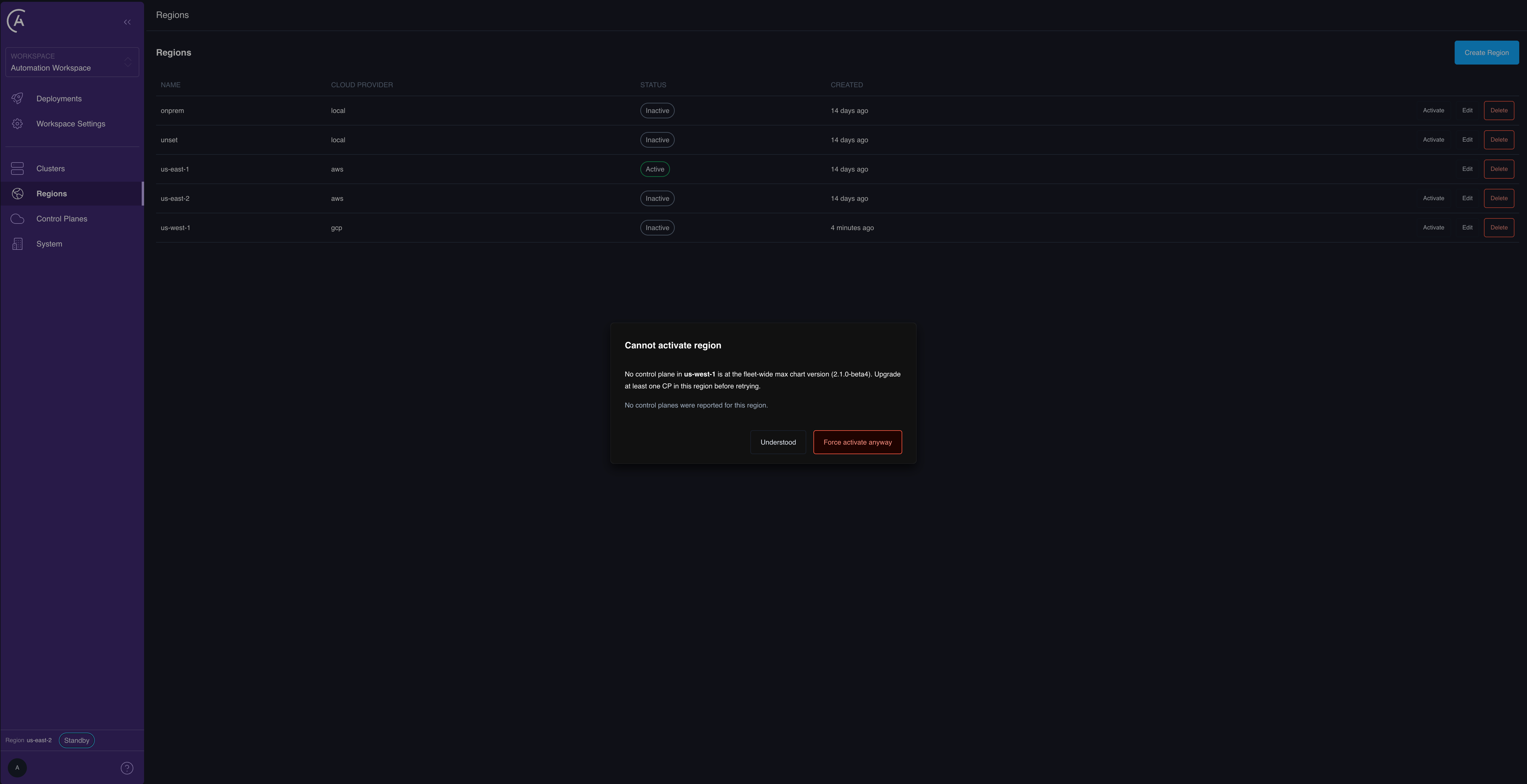 Cannot activate region dialog in the APC UI, explaining that no control plane in the target region is at the fleet-wide maximum chart version, with Understood and Force activate anyway actions.