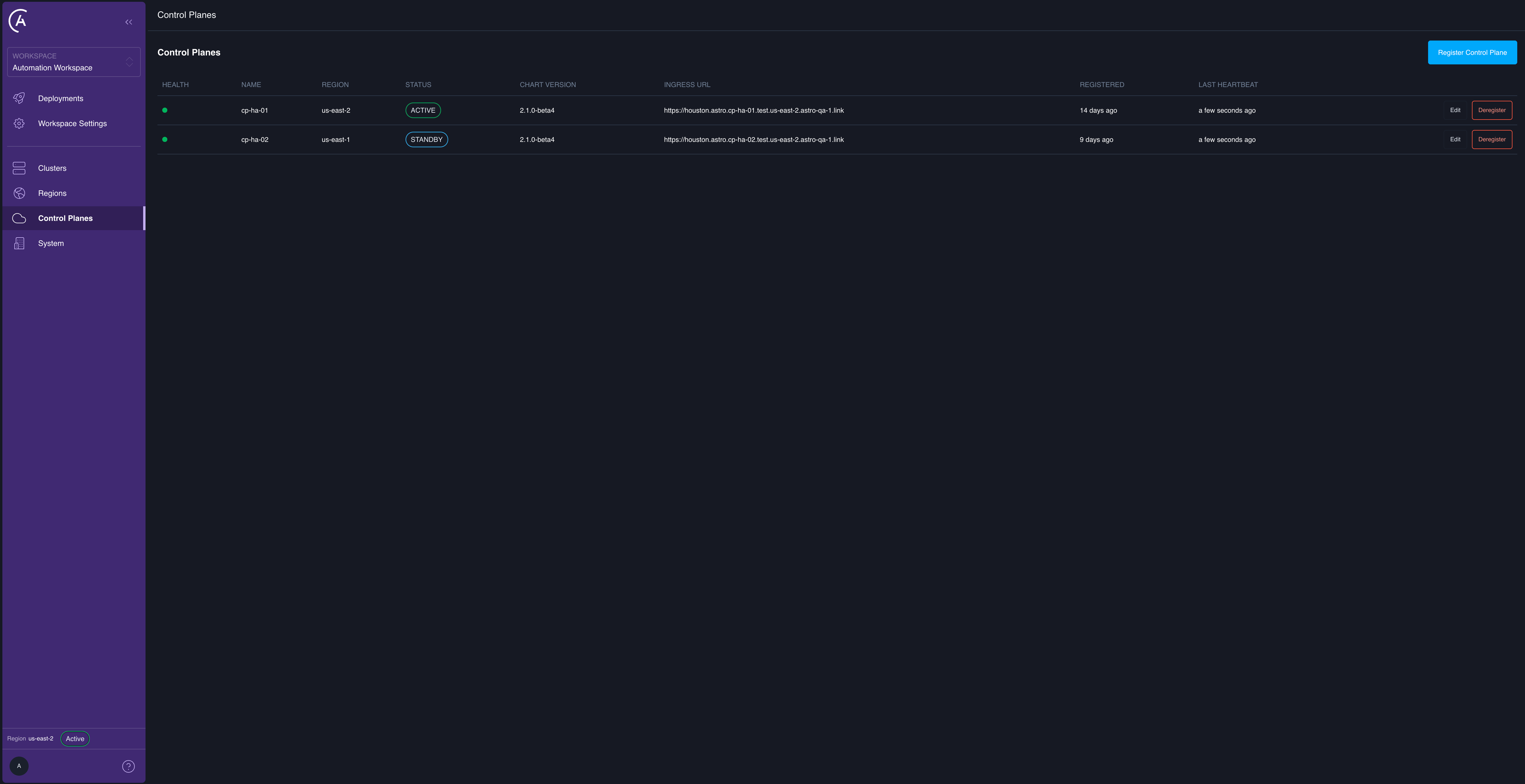 APC admin UI showing the Control Planes tab, the Regions, Control Planes, and System entries in the left sidebar, and the connected-control-plane indicator at the bottom of the sidebar.