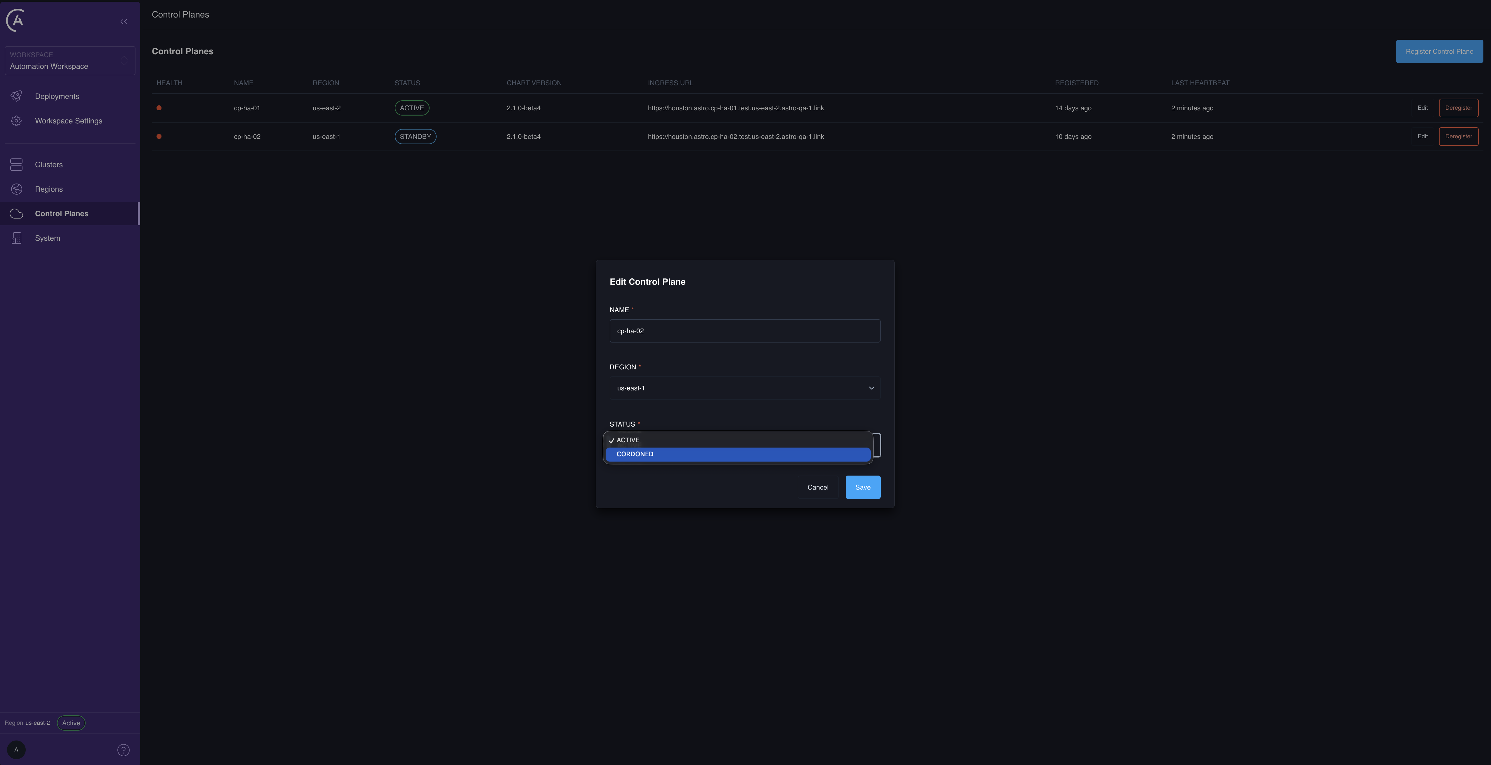 Edit Control Plane dialog in the APC UI with the Status dropdown open, showing the CORDONED option available from ACTIVE.