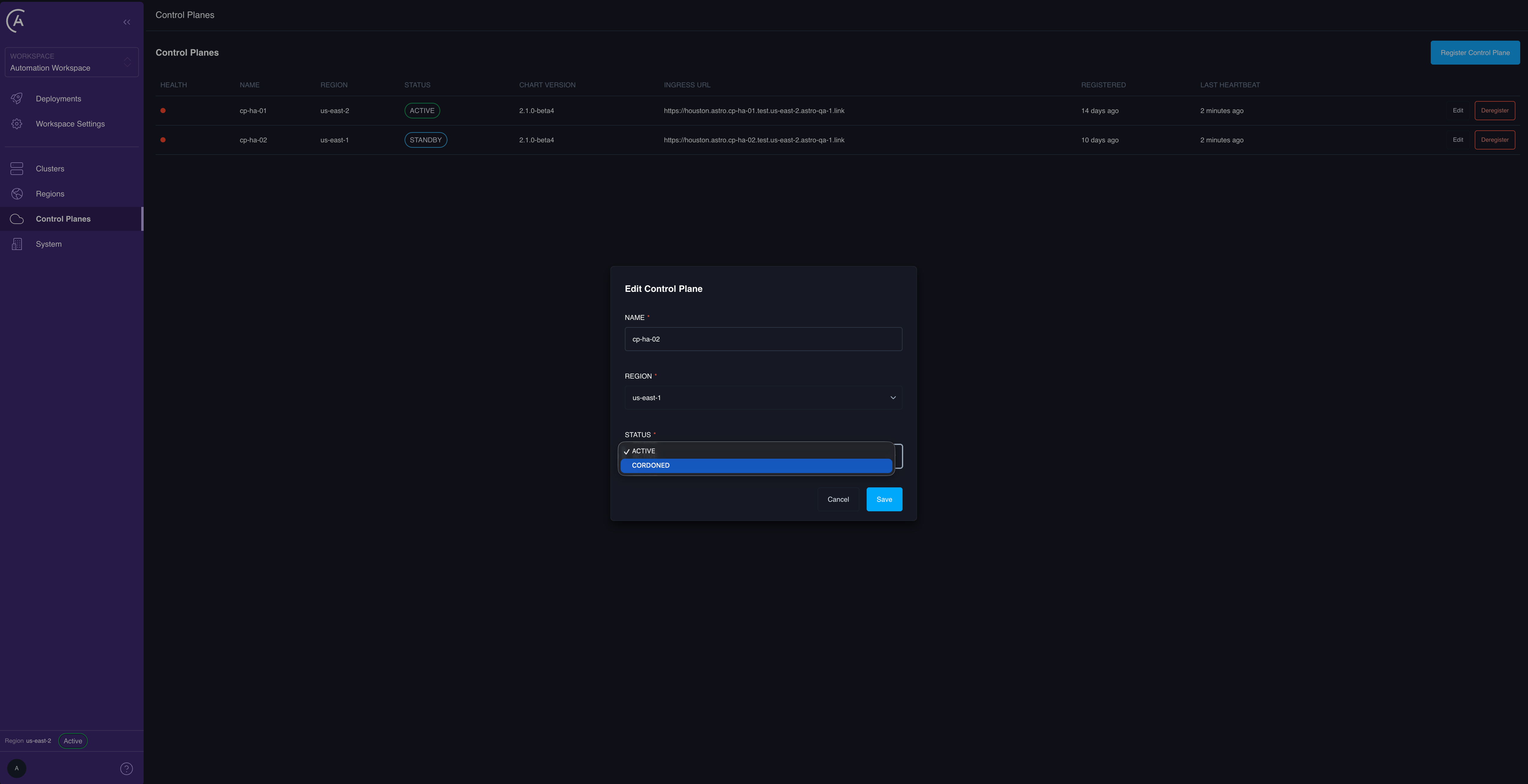 Edit Control Plane dialog in the APC UI with the Status dropdown open, showing the CORDONED option available from ACTIVE.