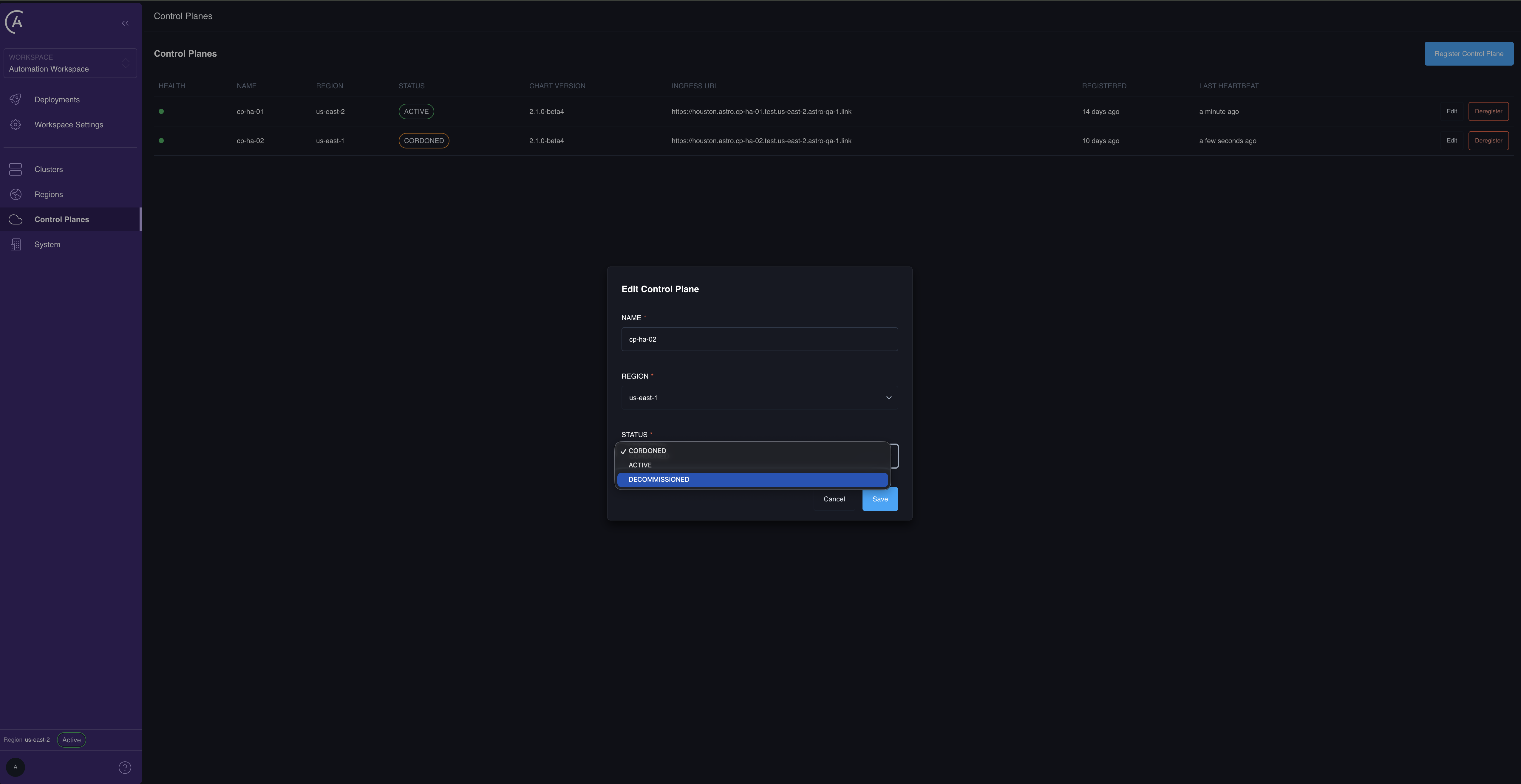 Edit Control Plane dialog in the APC UI with the Status dropdown open, showing the DECOMMISSIONED option available from CORDONED.