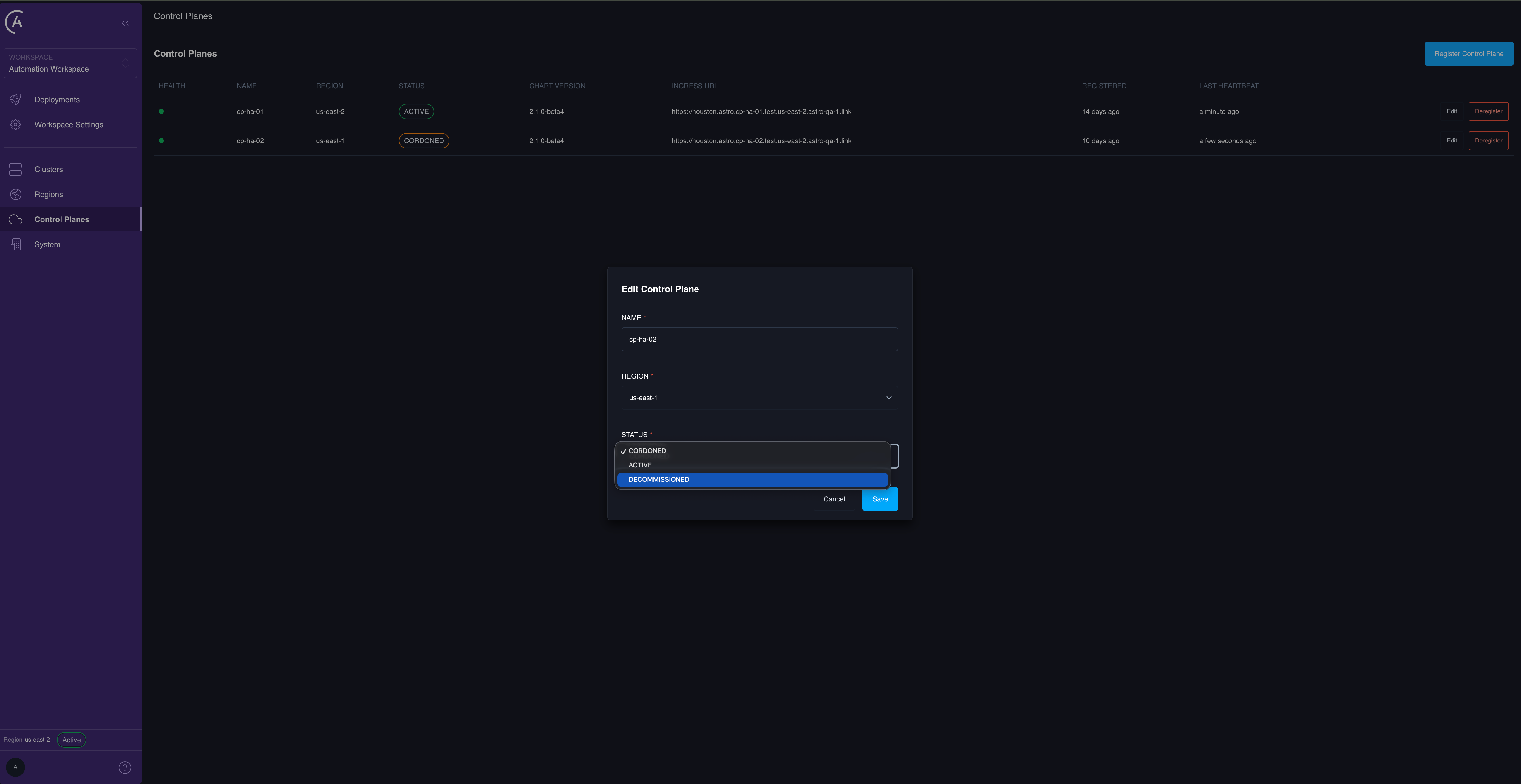 Edit Control Plane dialog in the APC UI with the Status dropdown open, showing the DECOMMISSIONED option available from CORDONED.