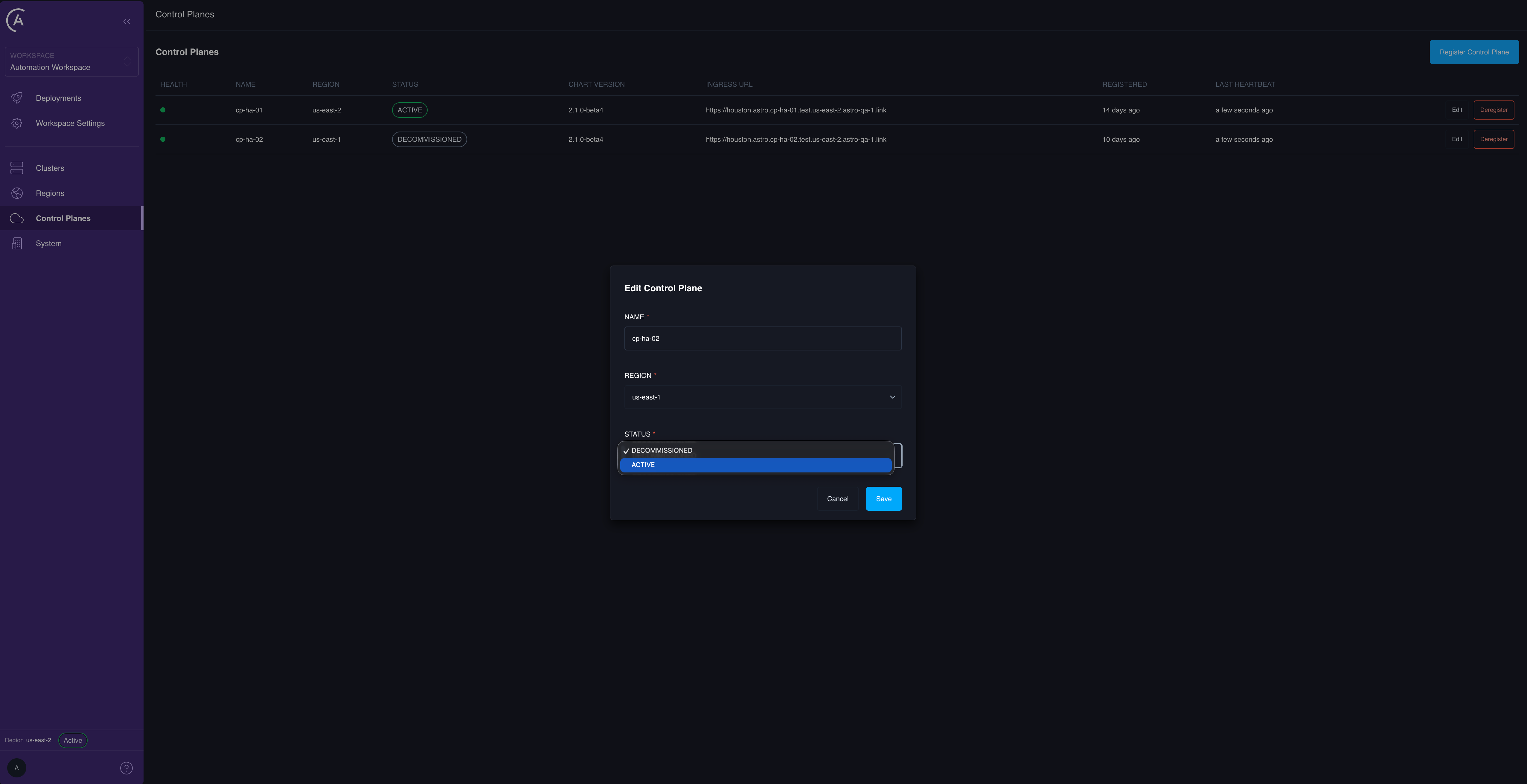 Edit Control Plane dialog in the APC UI with the Status dropdown open, showing the ACTIVE option available to recover a decommissioned control plane.