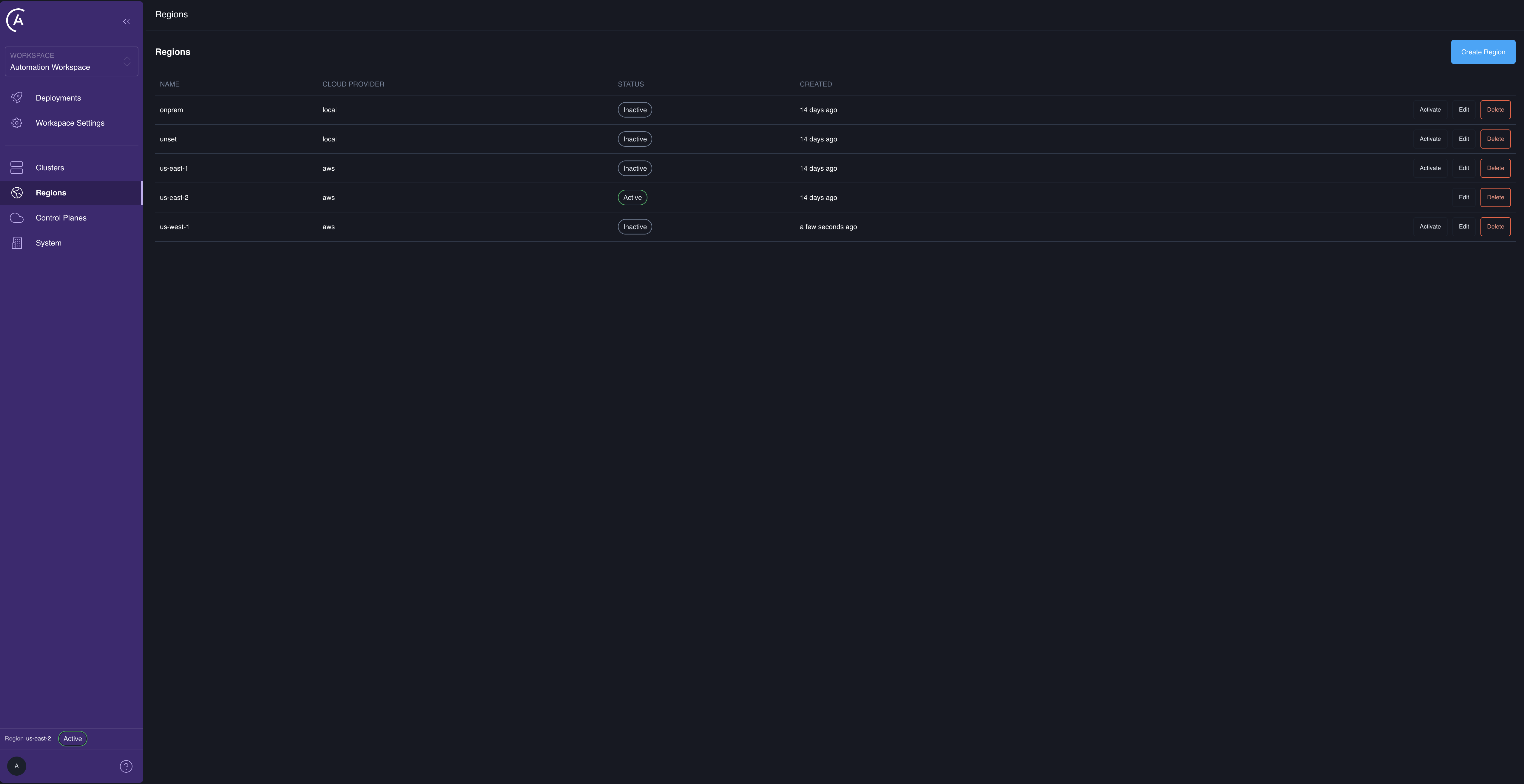 Regions list in the APC UI showing the newly created region with an Inactive status badge.