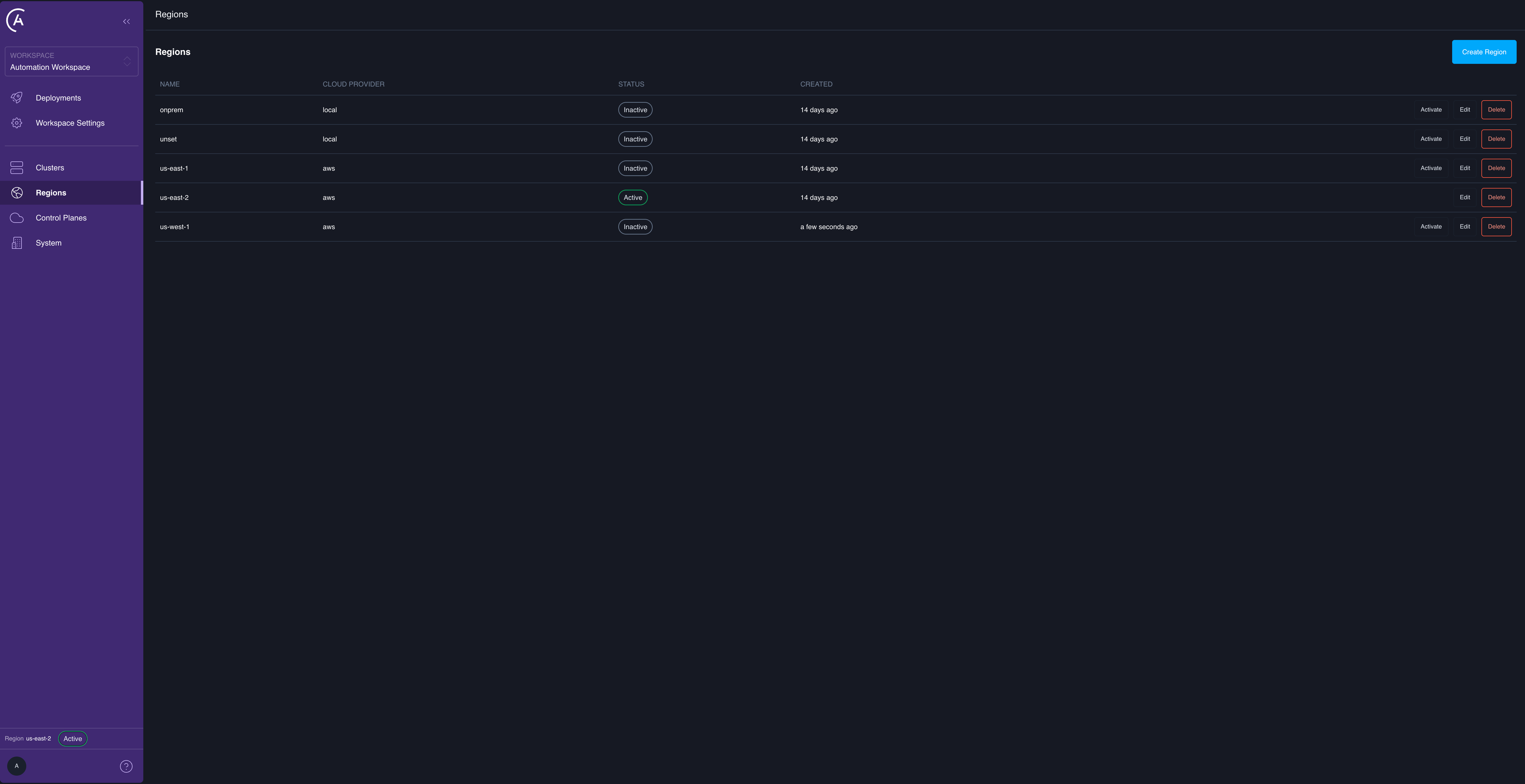 Regions list in the APC UI showing the newly created region with an Inactive status badge.