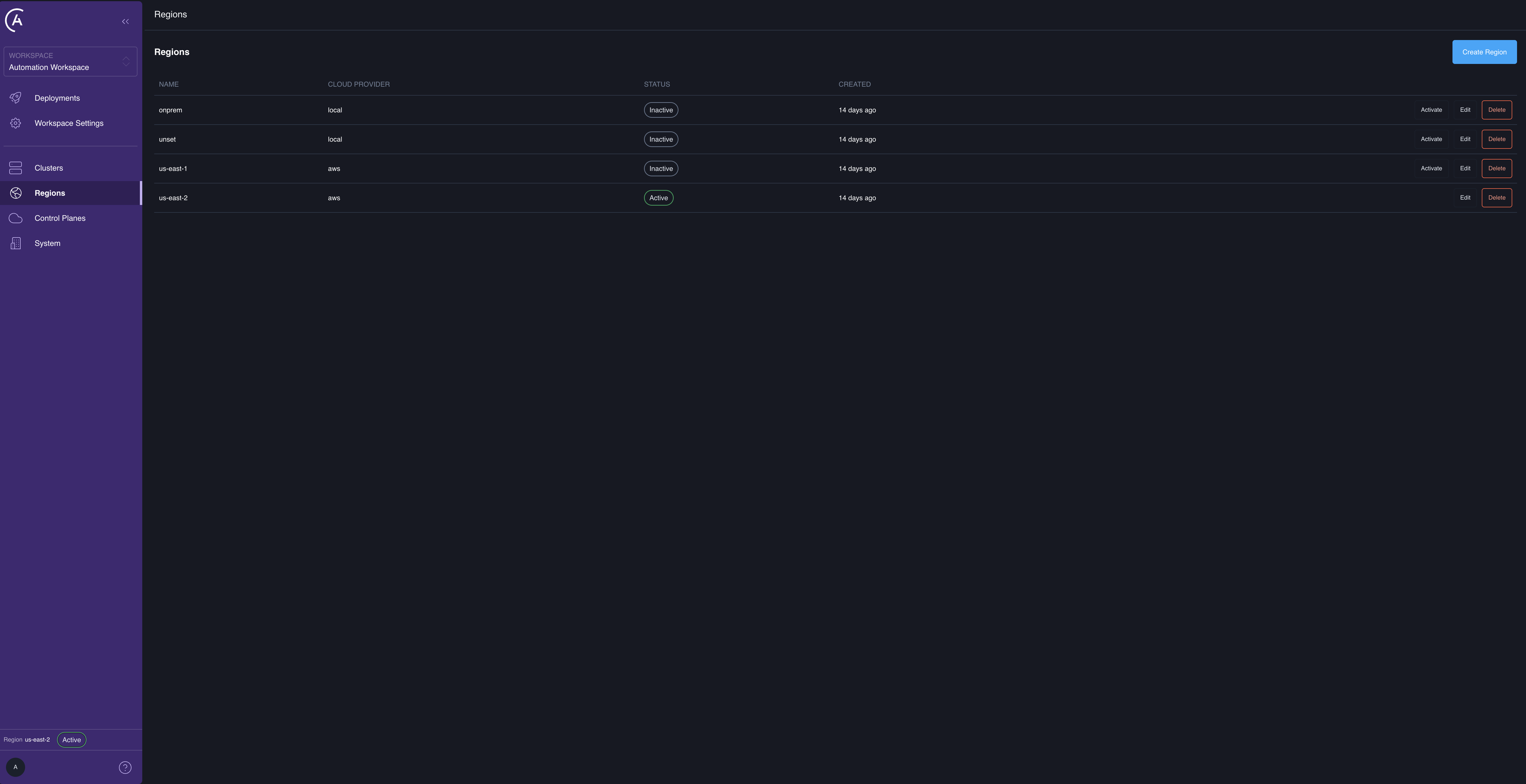 Regions tab in the APC UI, listing regions with Name, Cloud Provider, Status, and Created columns, and per-row Activate, Edit, and Delete actions.