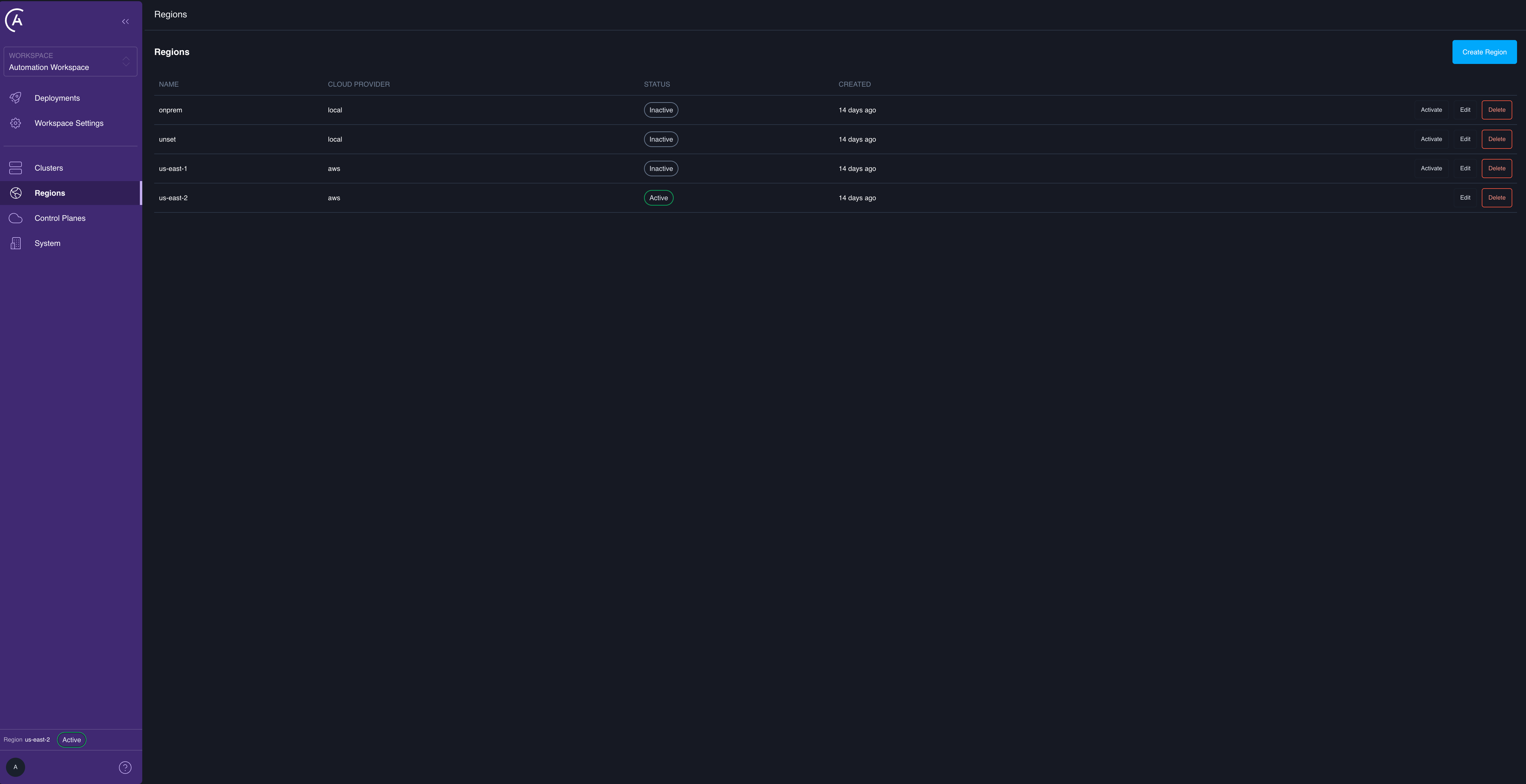 Regions tab in the APC UI, listing regions with Name, Cloud Provider, Status, and Created columns, and per-row Activate, Edit, and Delete actions.