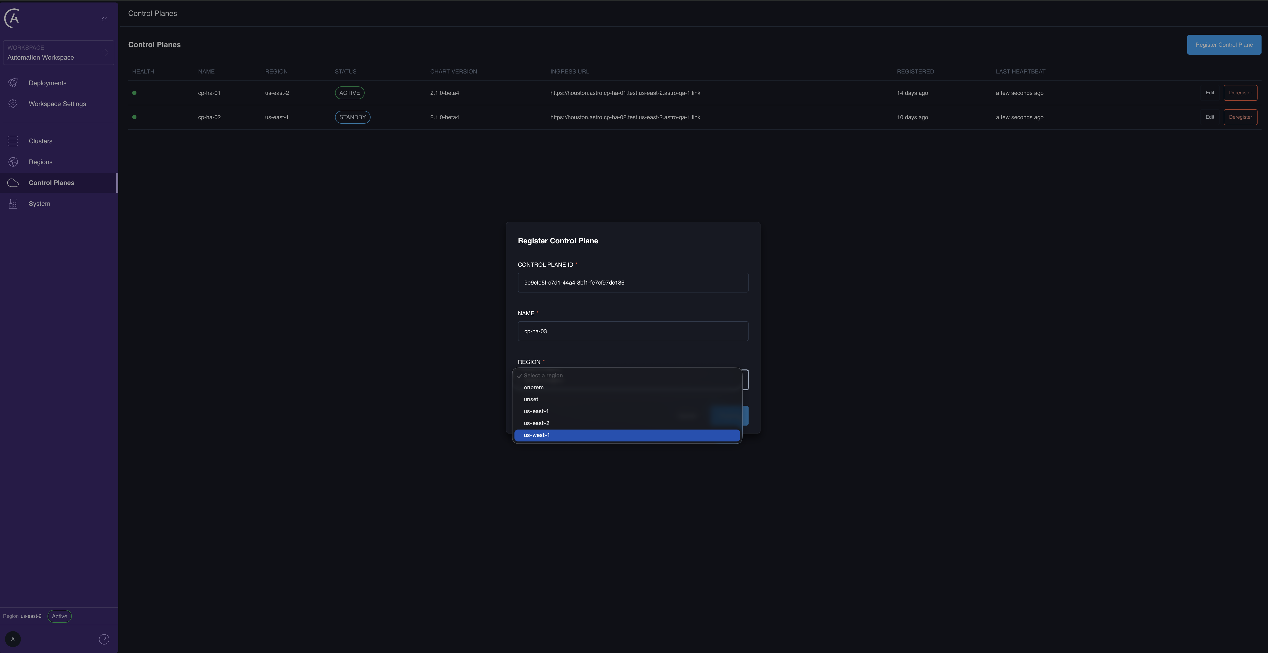Register Control Plane dialog in the APC UI, with the Control Plane ID pre-filled, a Name entered, and the Region dropdown open.