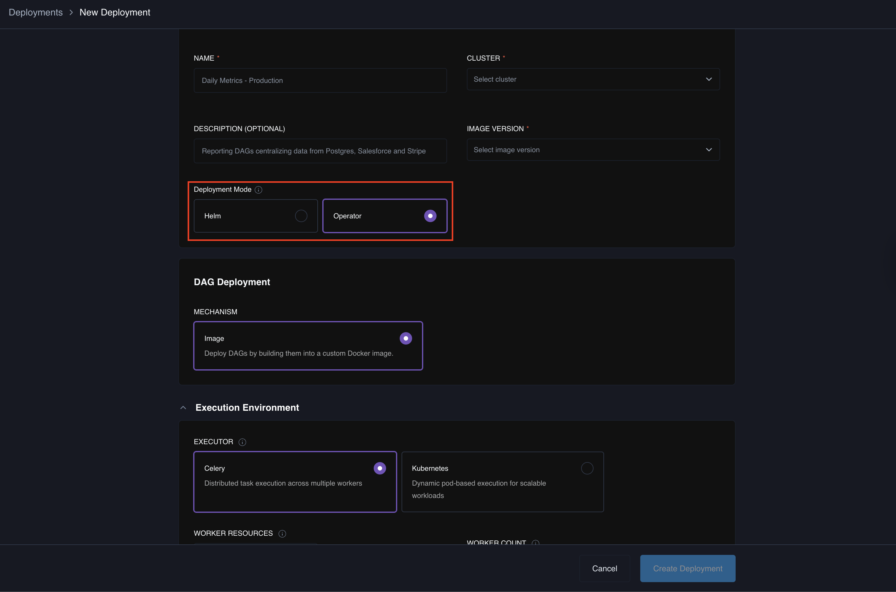 The New Deployment page with the Deployment Mode selector showing Helm and Operator options, with Operator selected.