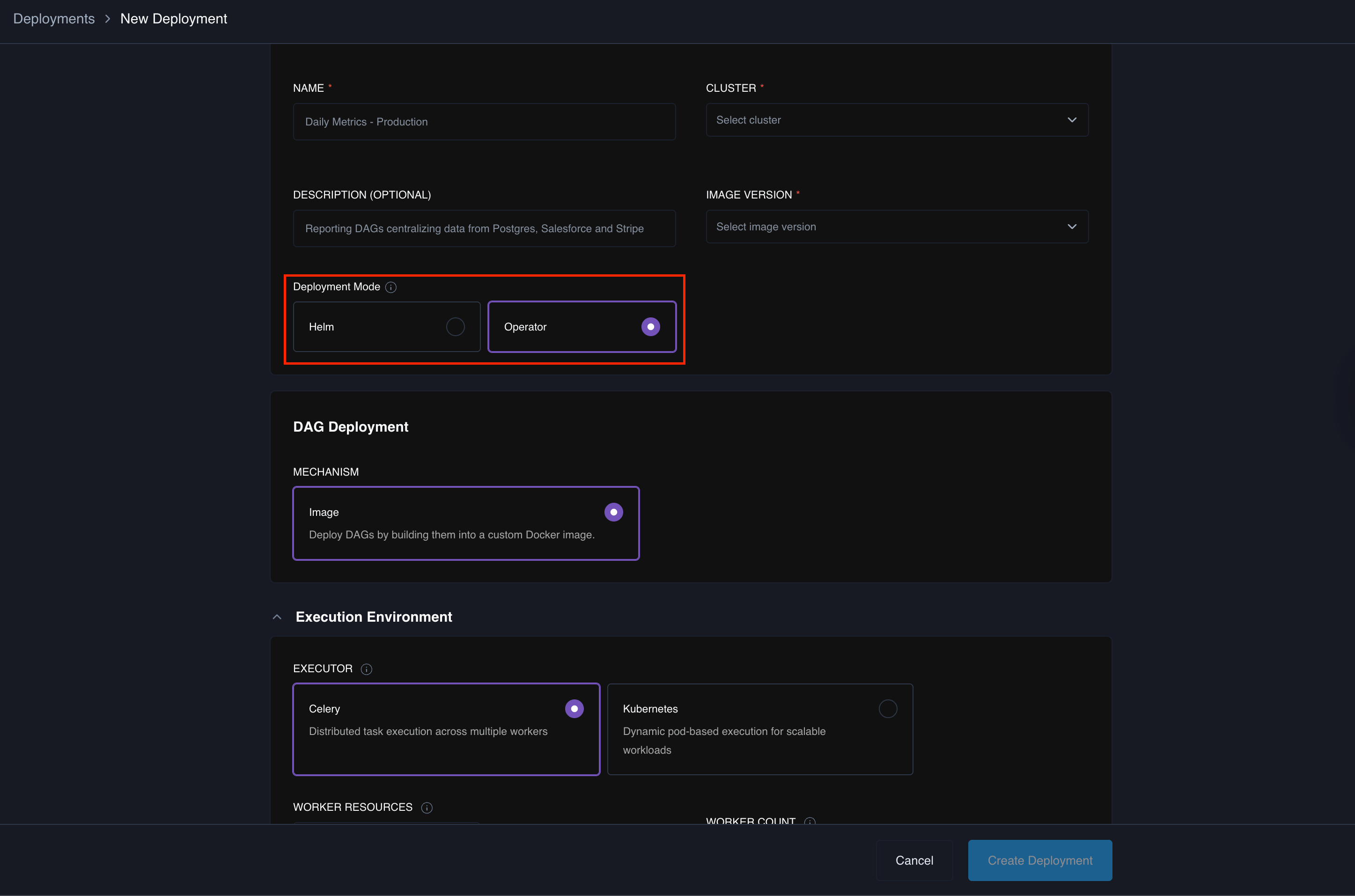 The New Deployment page with the Deployment Mode selector showing Helm and Operator options, with Operator selected.