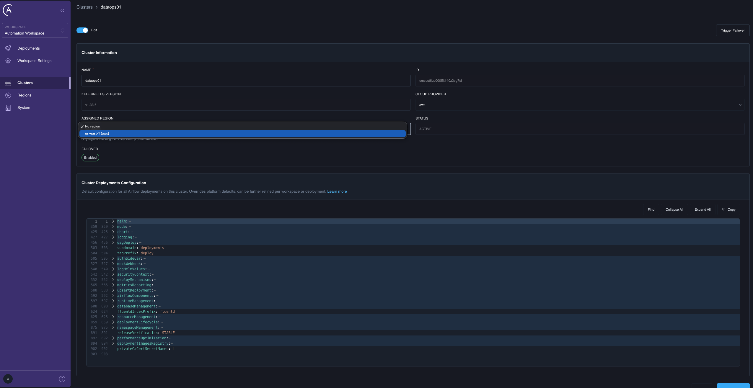 The Assigned Region dropdown filtered to regions that match the cluster's cloud provider