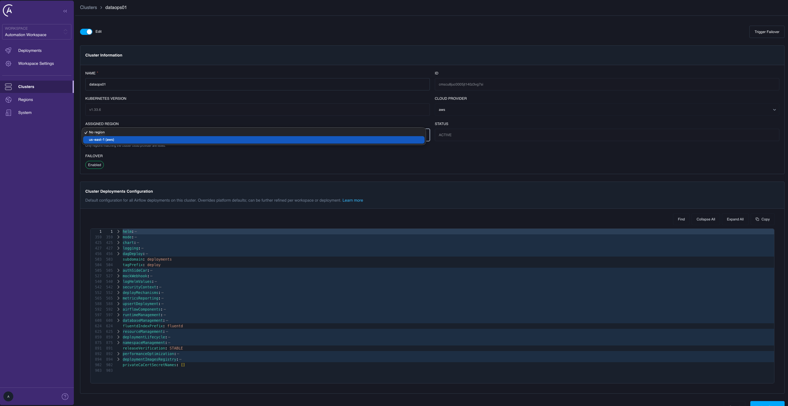 The Assigned Region dropdown filtered to regions that match the cluster's cloud provider