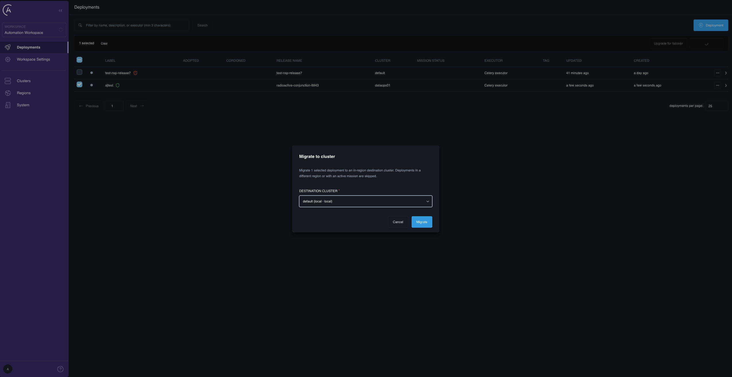 The Migrate to cluster destination picker opened from the Deployments list bulk-actions menu