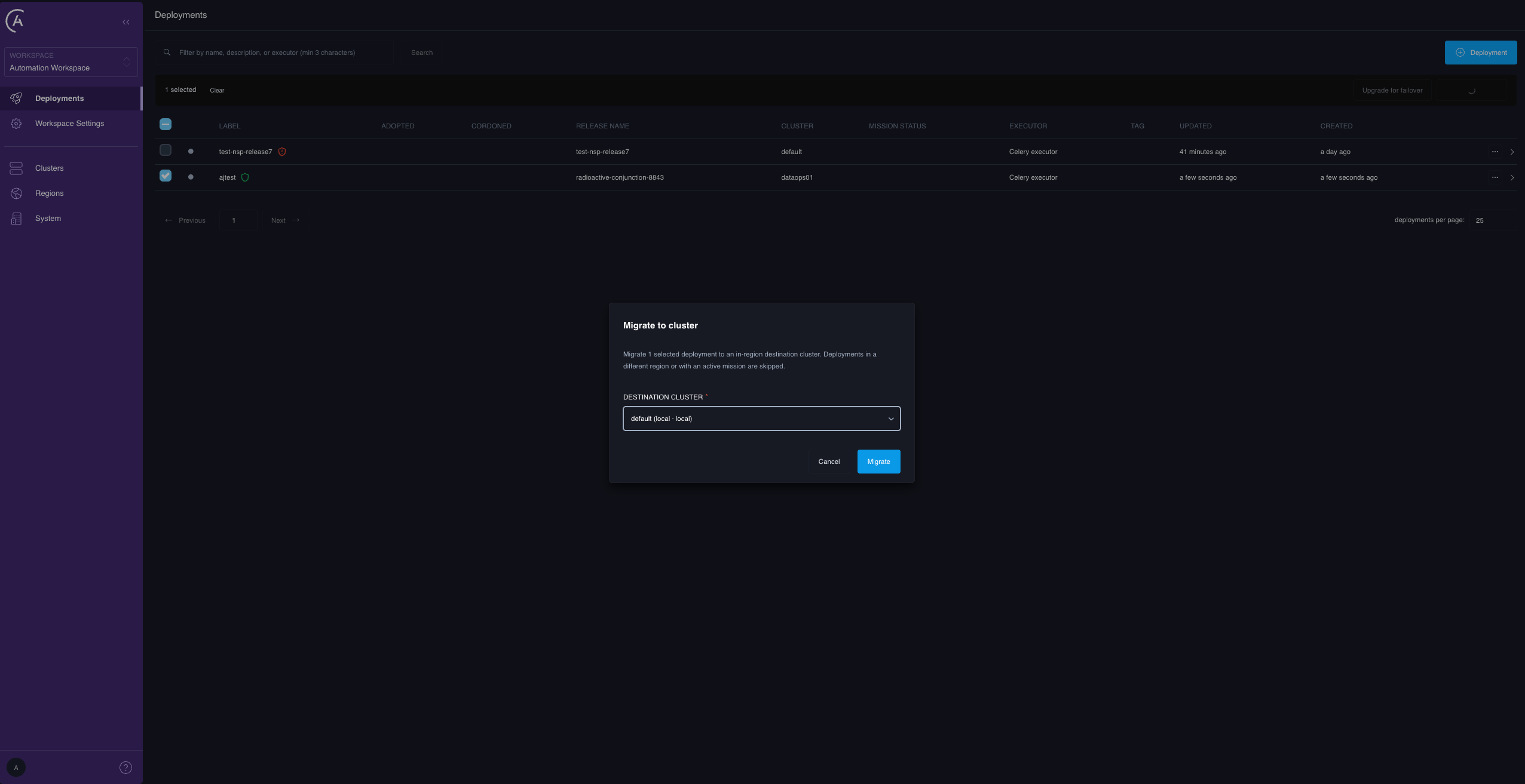 The Migrate to cluster destination picker opened from the Deployments list bulk-actions menu
