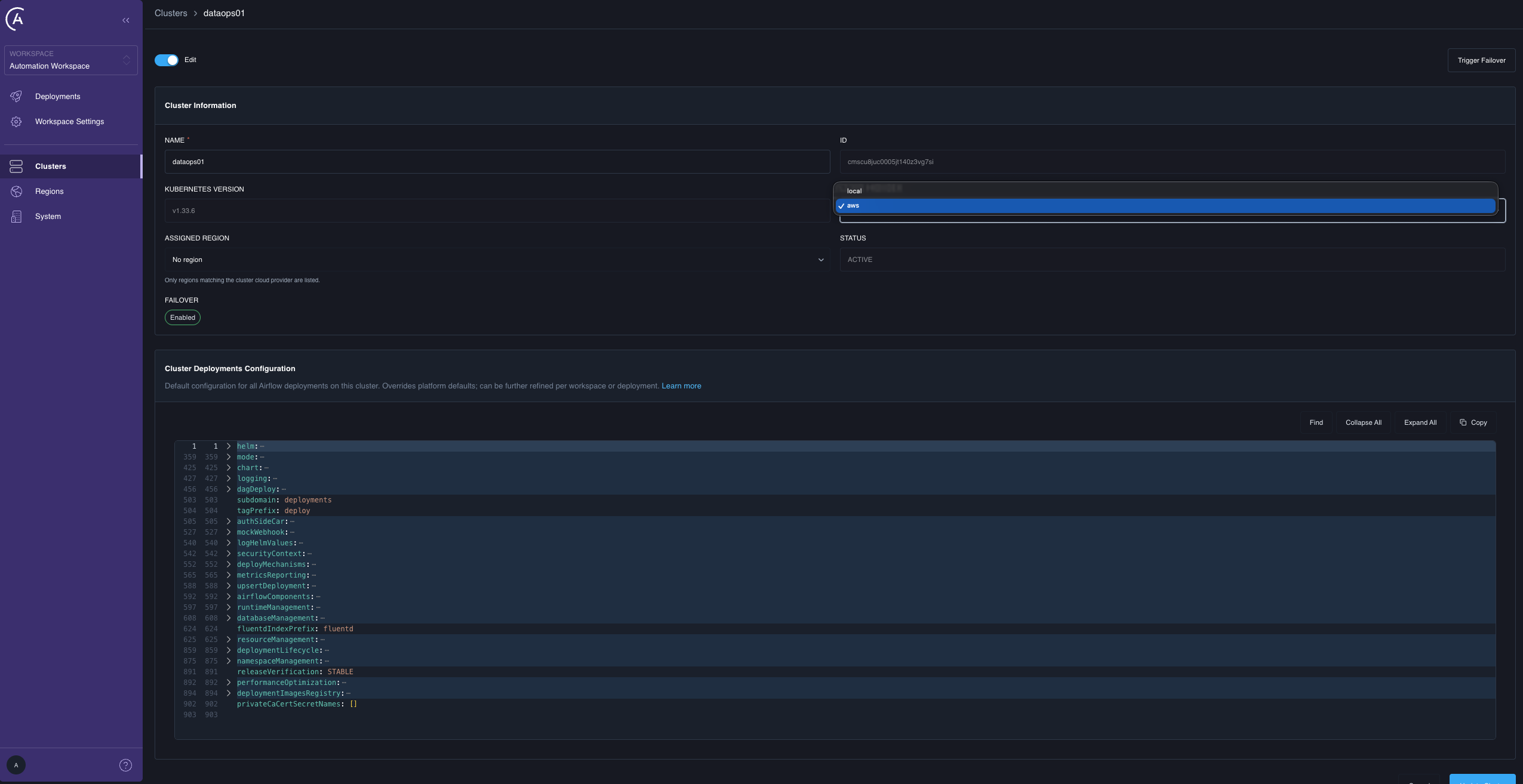 Editing the Cloud Provider field on the cluster edit form
