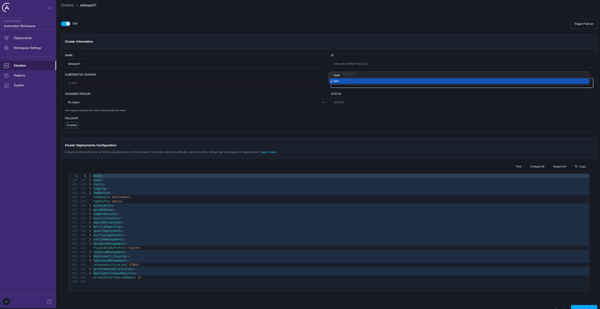 Editing the Cloud Provider field on the cluster edit form