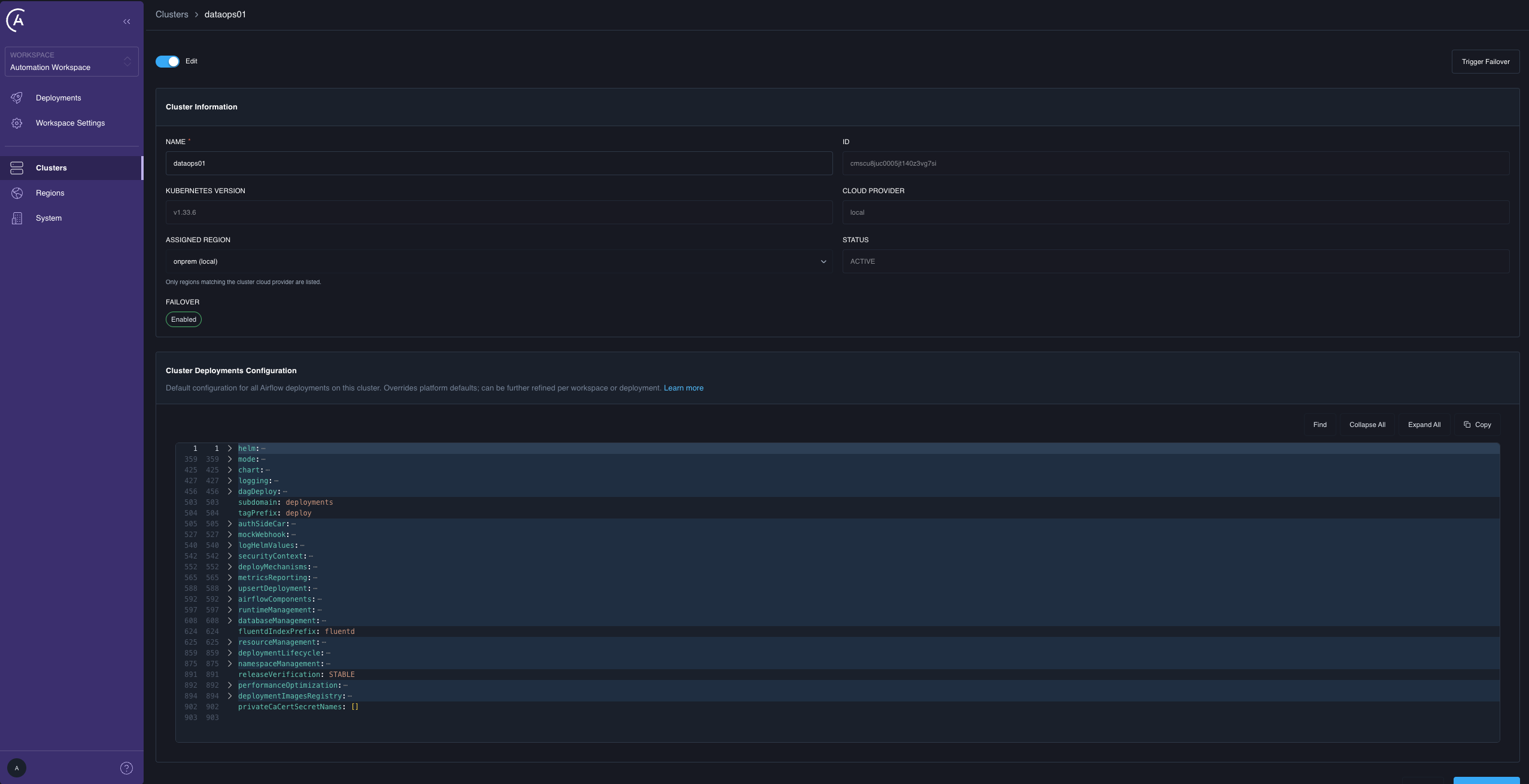 The cluster page in edit mode, showing the Assigned Region dropdown and the Failover status field