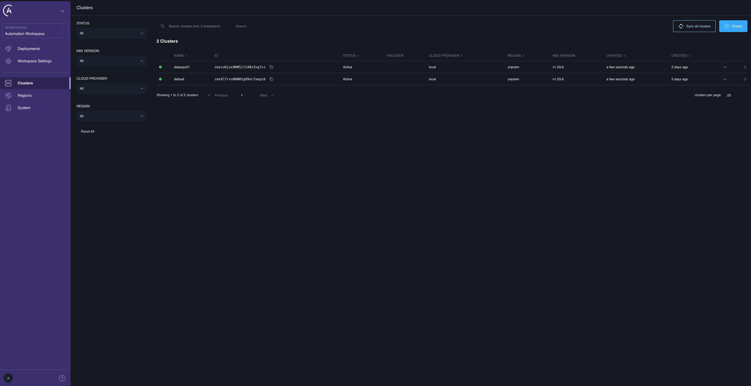 The data plane clusters list in the APC UI