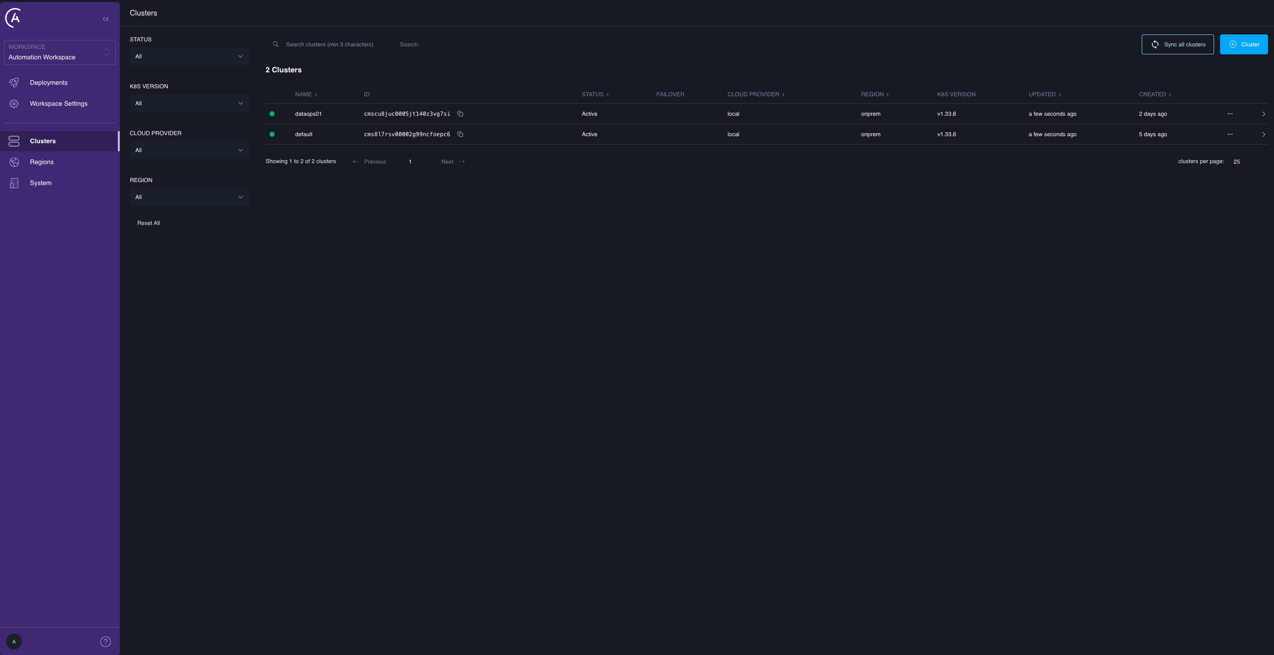 The data plane clusters list in the APC UI