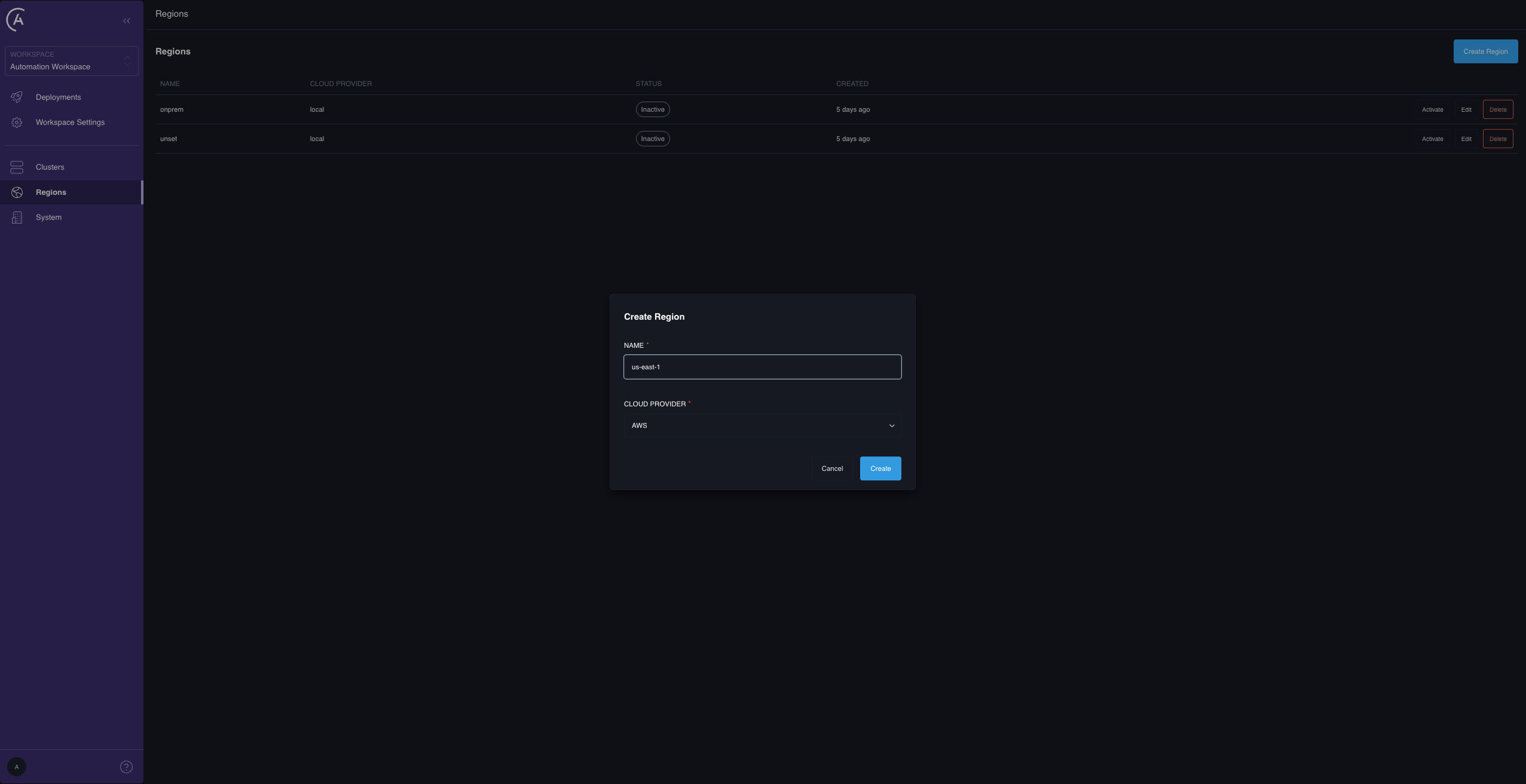 The Create Region dialog with the Name and Cloud Provider fields